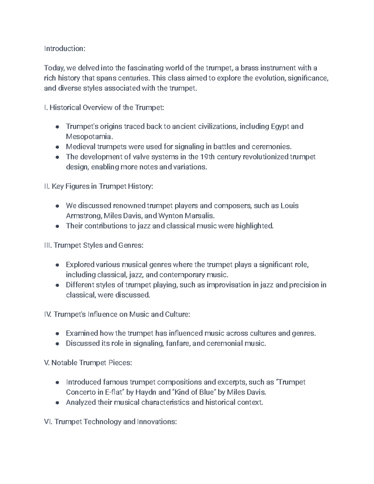 Class notes Trumpet Introduction Today, we delved into the