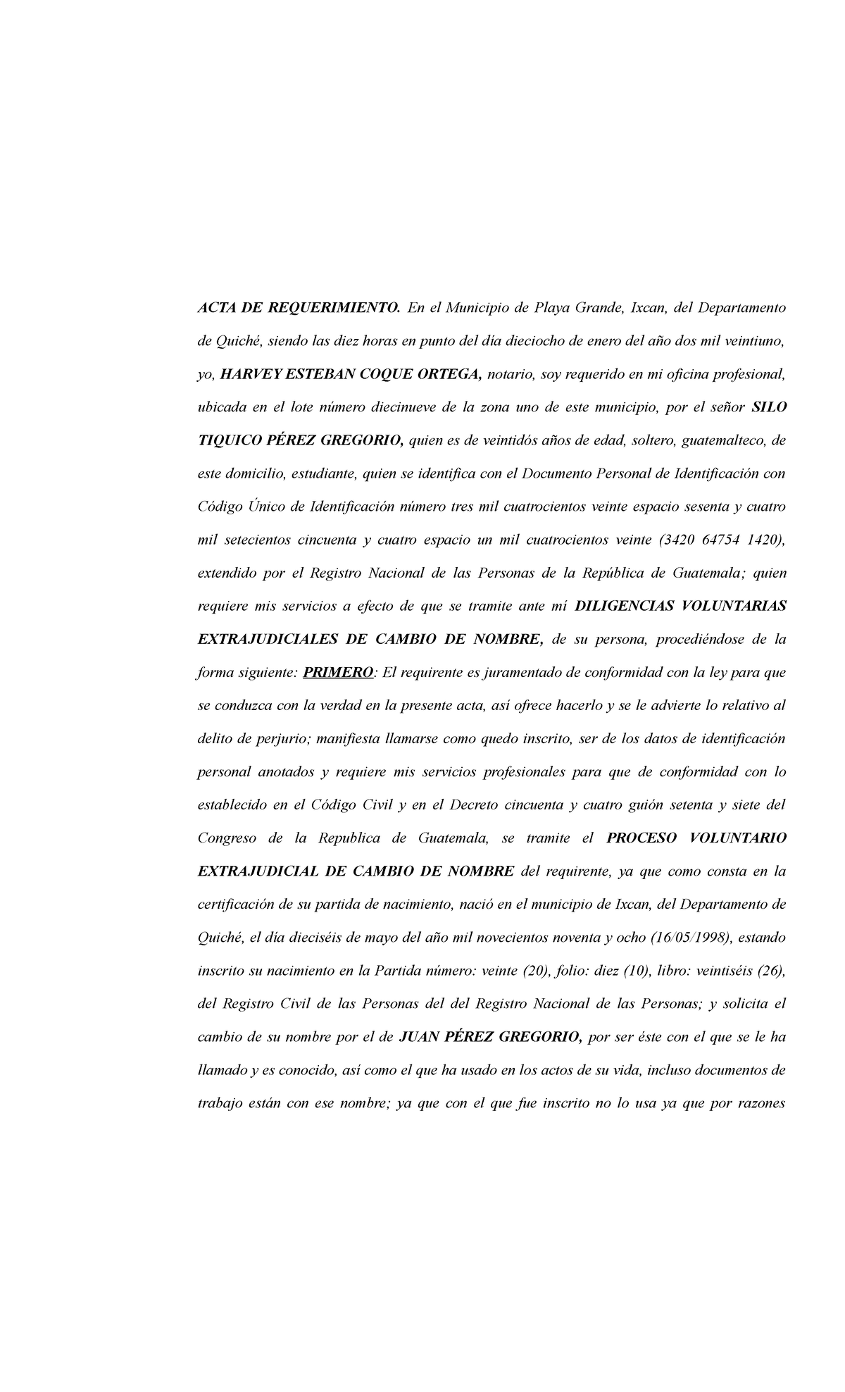 Acta De Requerimiento De Cambio De Nombre Acta De Requerimiento En