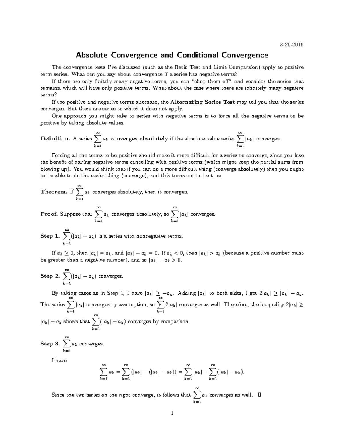 Absolute and conditional convergence 329 Absolute Convergence and