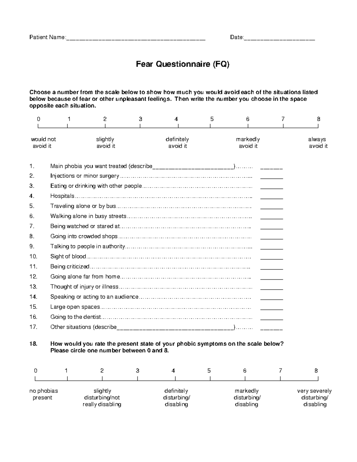 Fear questionnaire - Read - Patient Name:___________________________________________ - Studocu