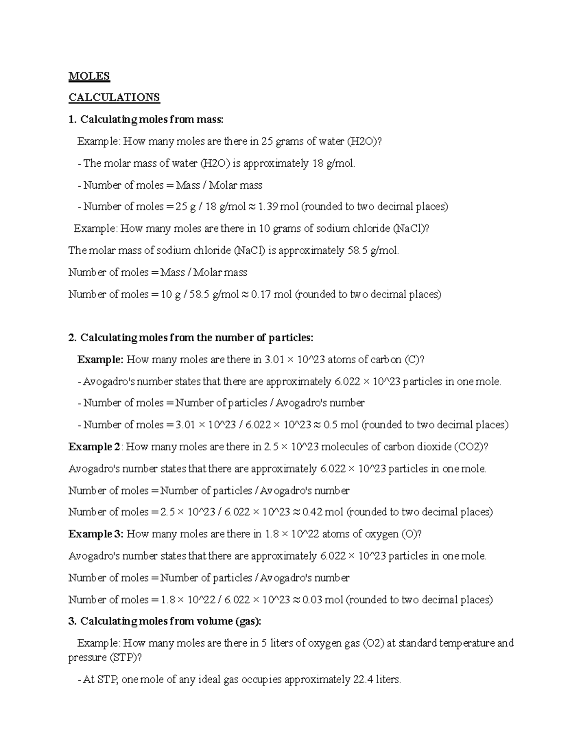 Science Notes AND CAT 2 - civil engineer - MOLES CALCULATIONS ...