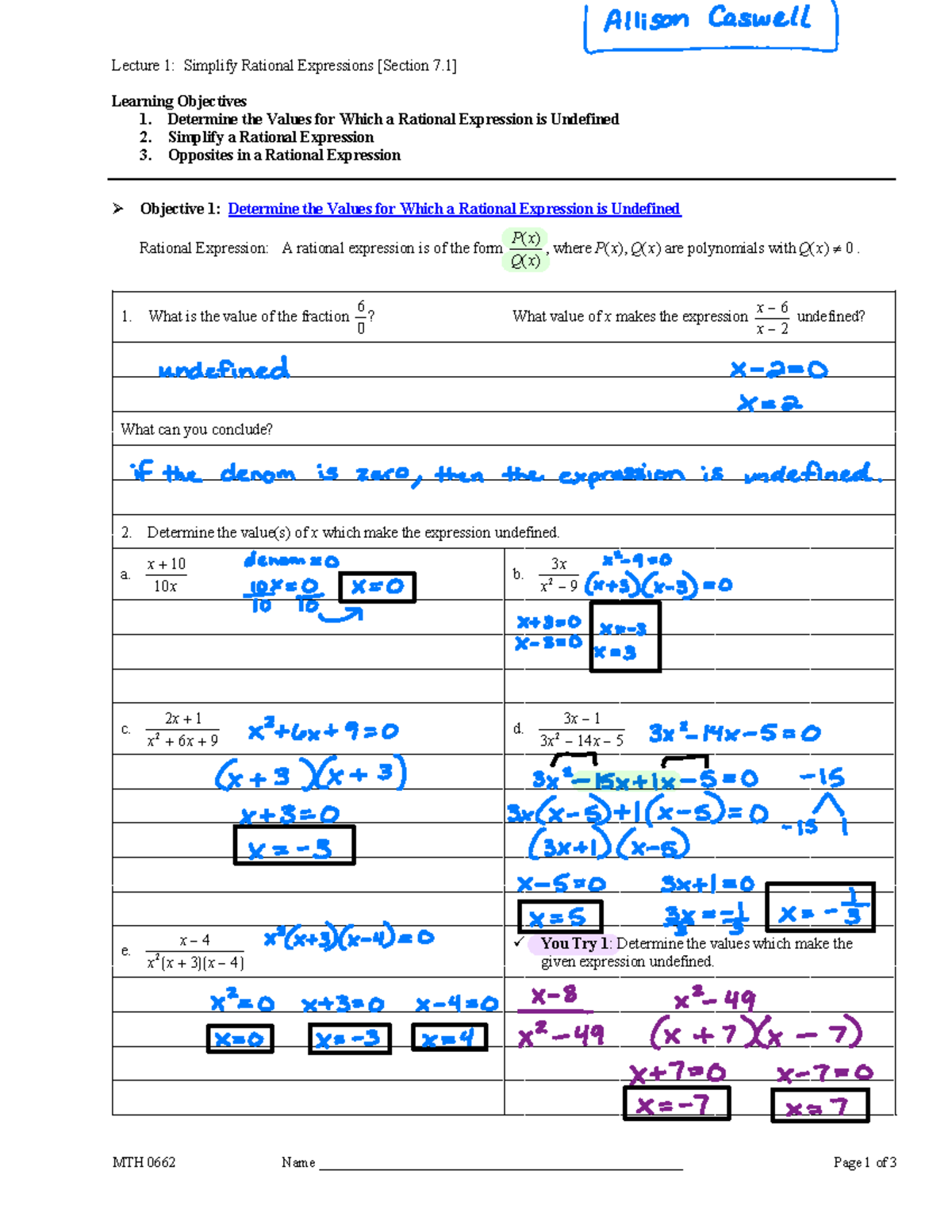 Lecture 1-Simplify Rational Expressions - MTH 0662 Name - Studocu