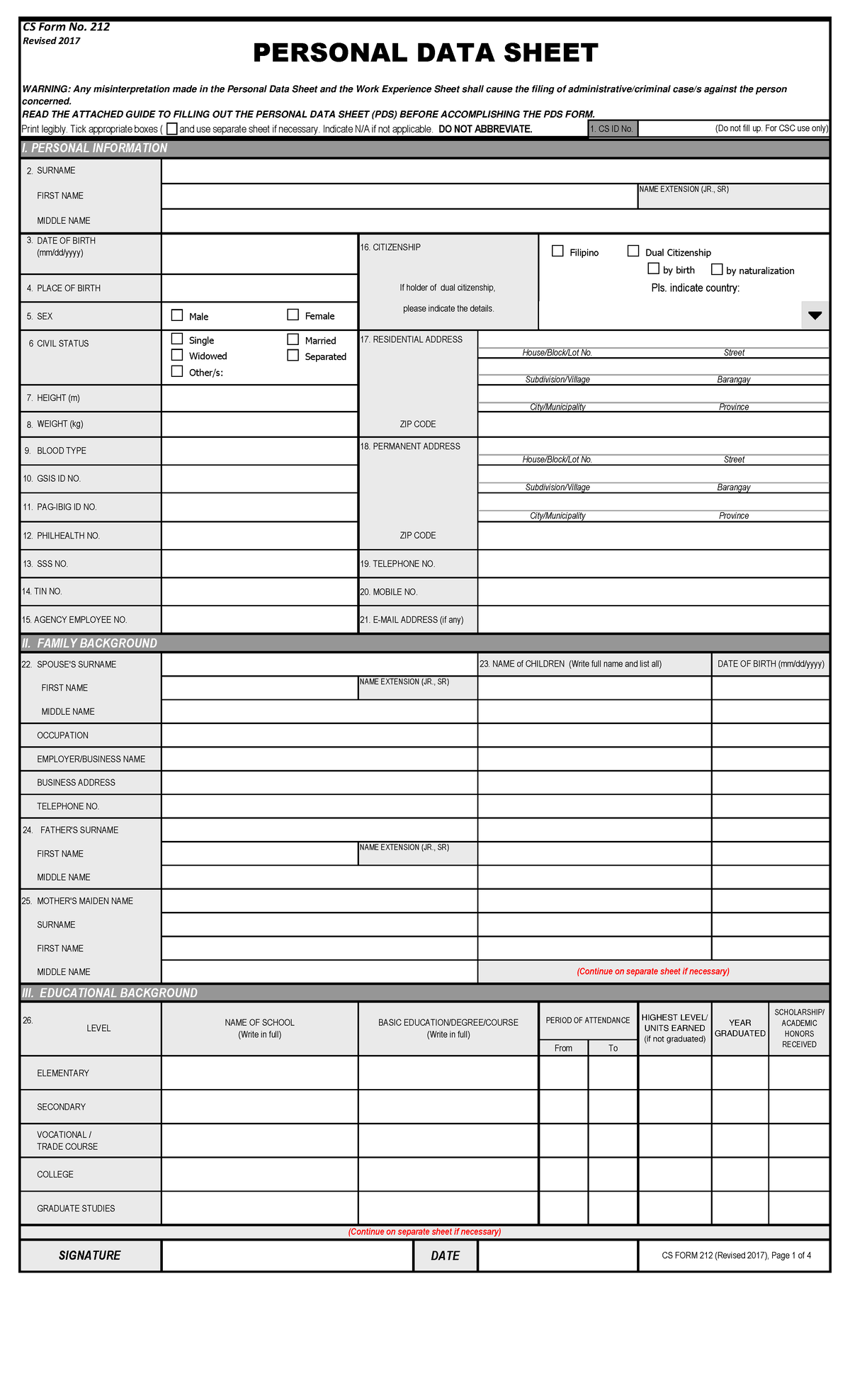 CS Form No 212 Personal Data Sheet Print Legibly Tick Appropriate 