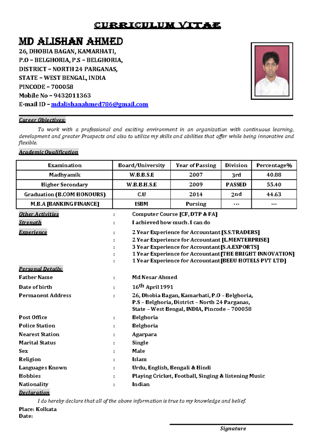 Curriculum Vitae - I MD ALISHAN AHMED - CURRI RRICULUM VITAE MD ALISHAN ...