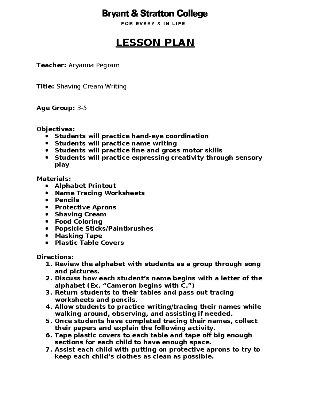 Lesson Plan - N/A - LESSON PLAN Teacher: Aryanna Pegram Title: Shaving ...