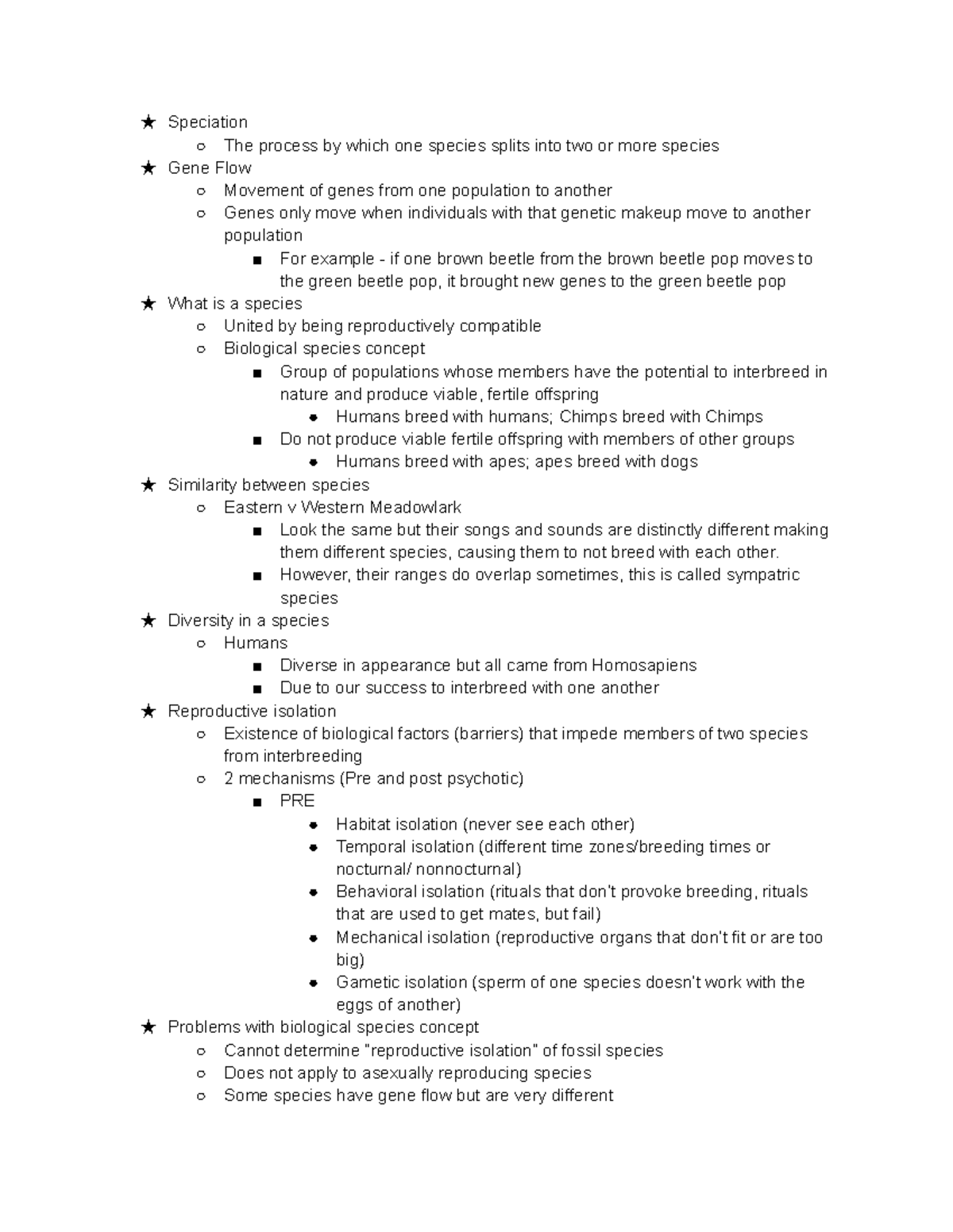 Biology Notes - ★ Speciation The process by which one species splits ...