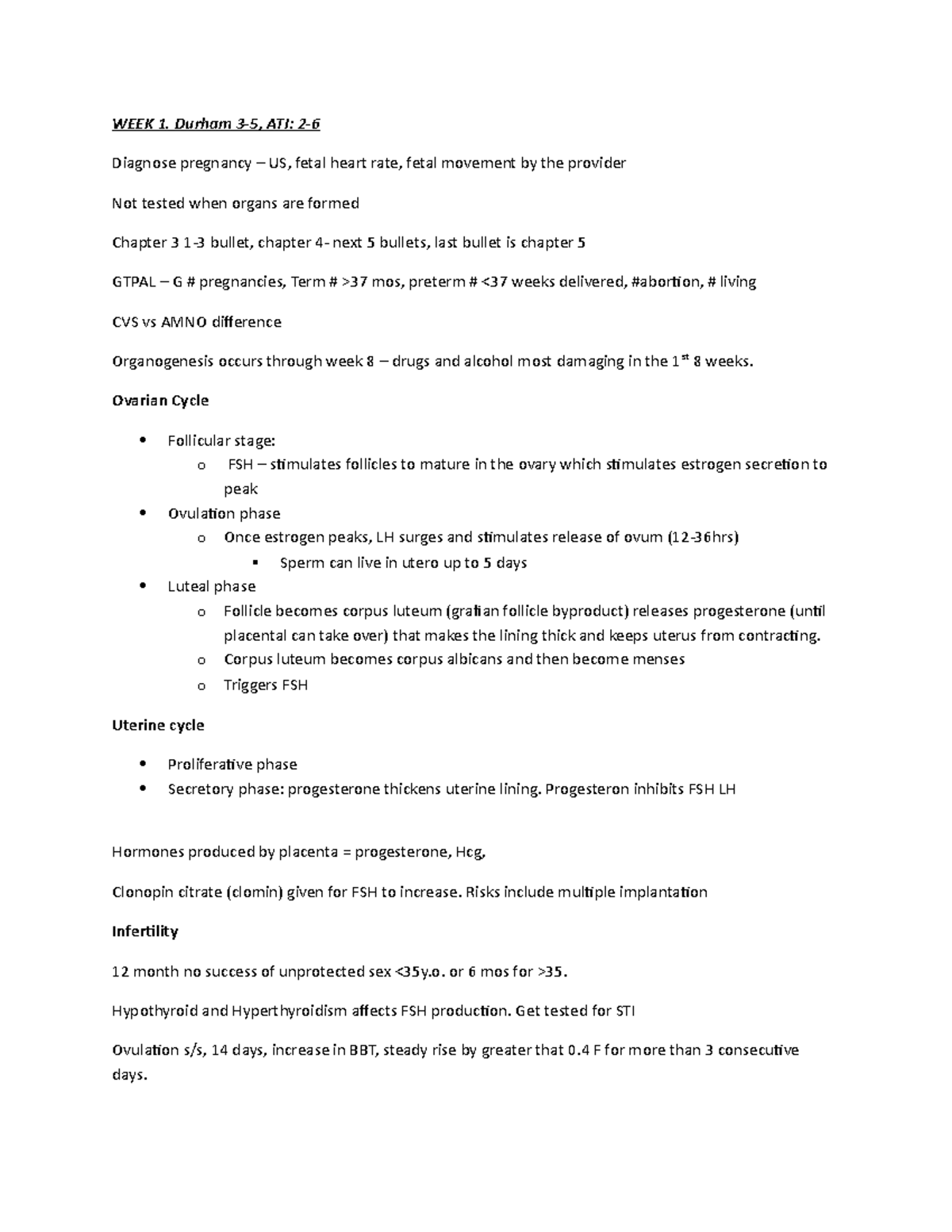 OB Notes - WEEK 1. Durham 3-5, ATI: 2- Diagnose pregnancy – US, fetal heart rate, fetal movement ...