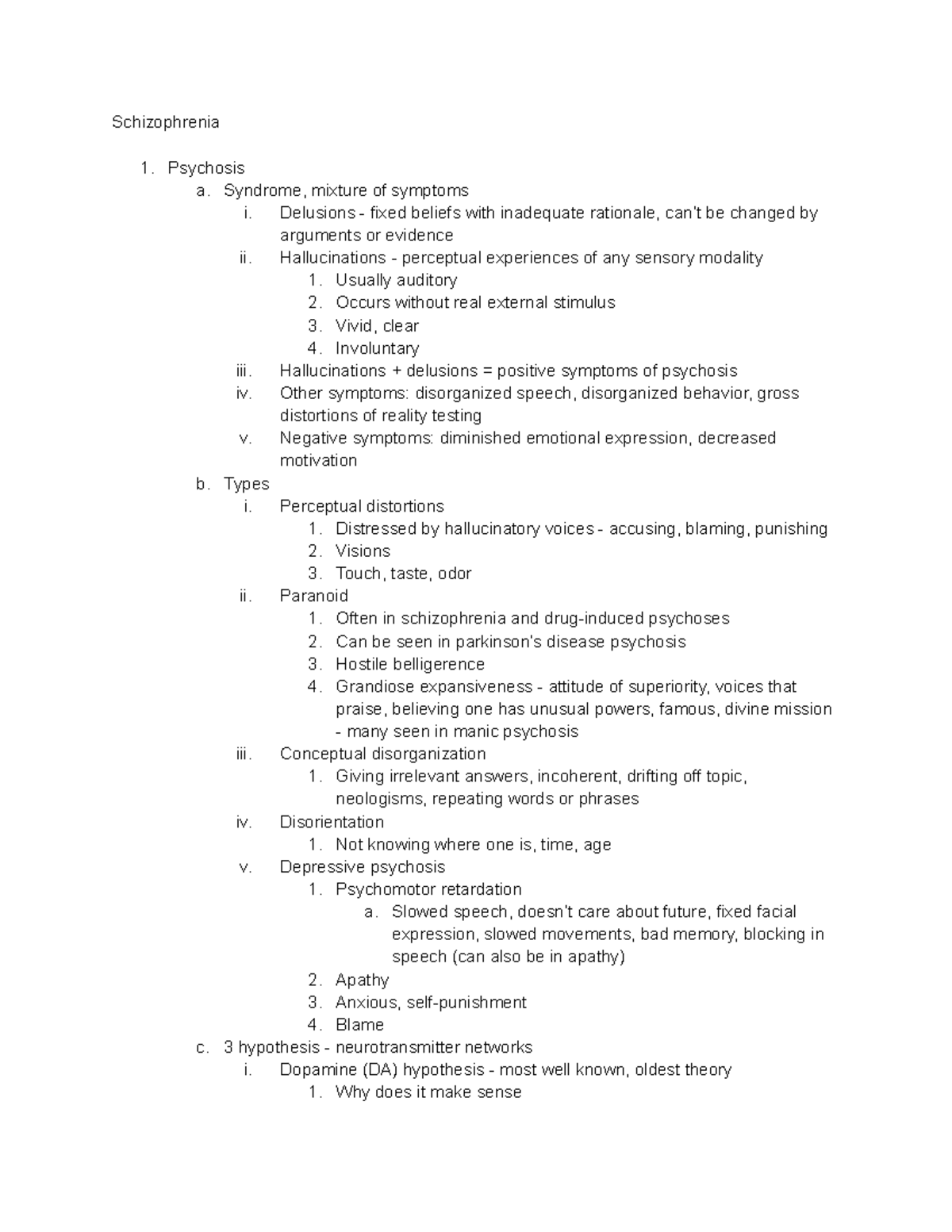 Psy Pharm Notes 1 - Exam study guide - Schizophrenia 1. Psychosis a ...