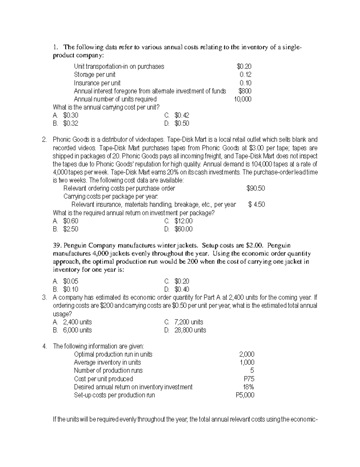 Quizzer - Problems - Inventory Management - The following data refer to ...