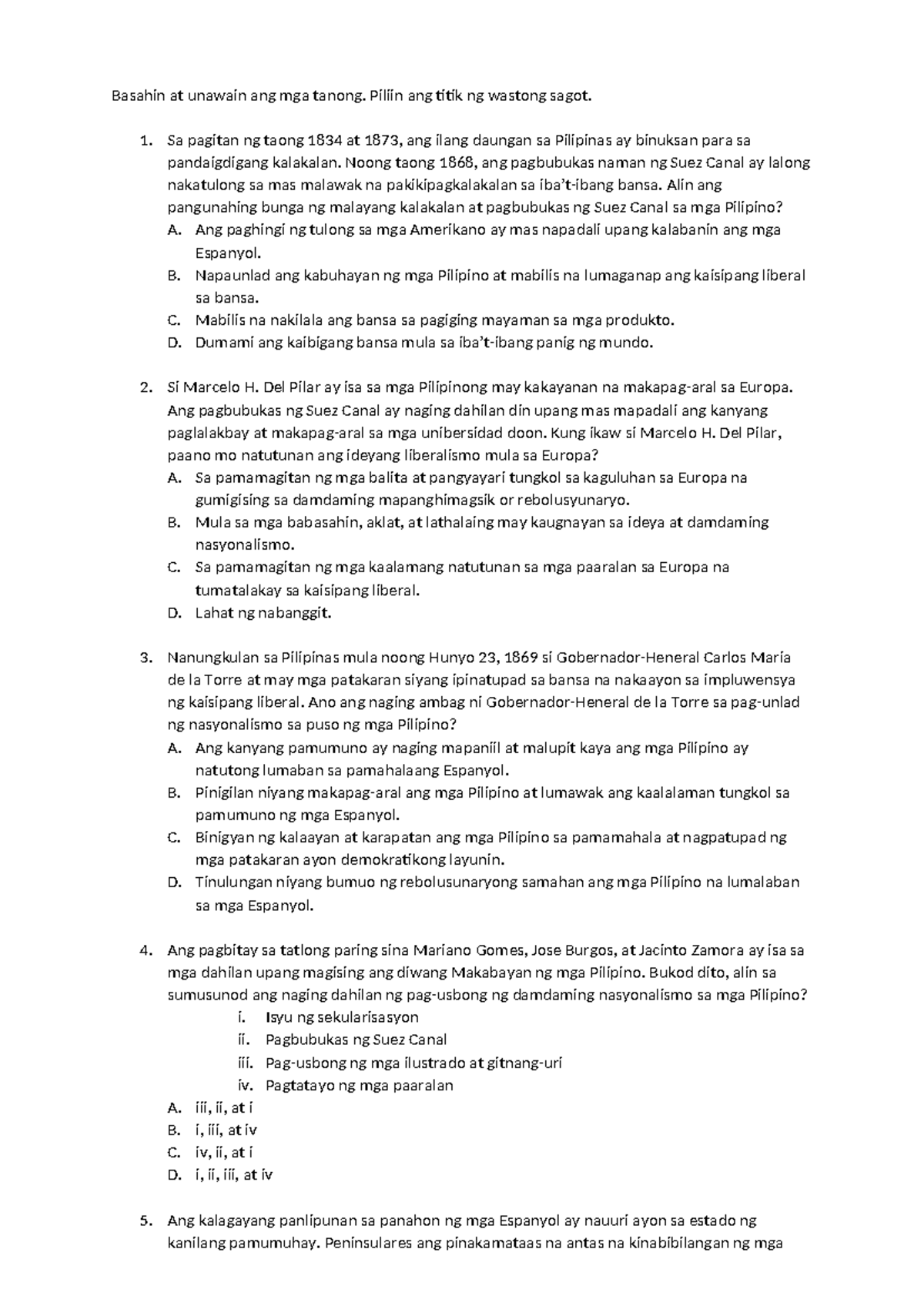 AP quarter 1 questions - question bank - Basahin at unawain ang mga ...