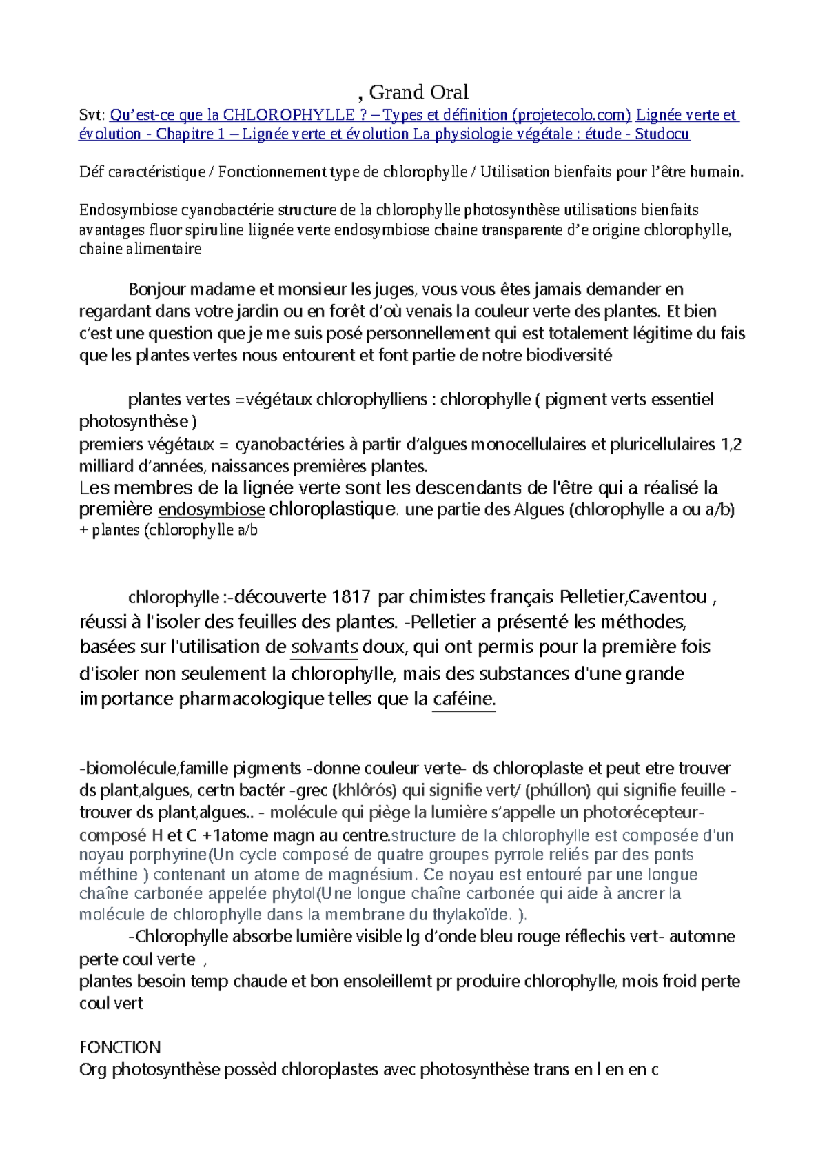 Svtt Plan et mots clés go svt , Grand Oral Svt Qu’estce que la CHLOROPHYLLE? Types et