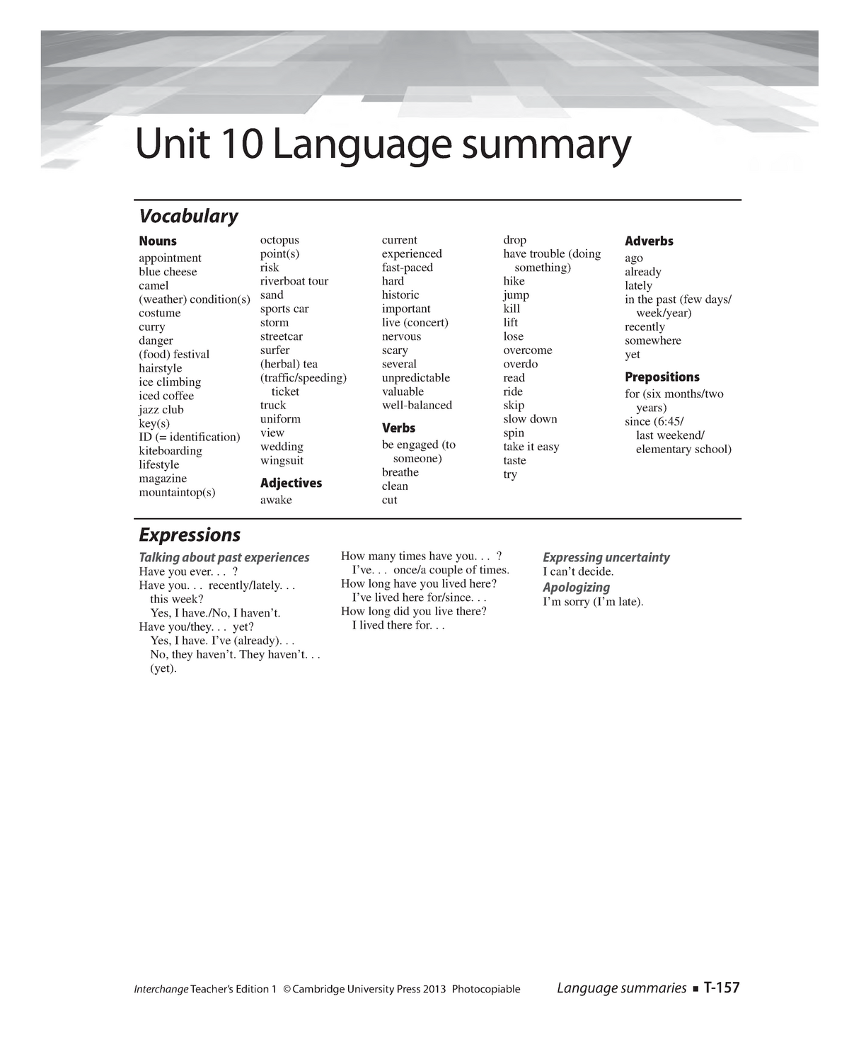 Interchange 4th Ed Level 1 Language Summary Unit10 - Vocabulary Nouns ...