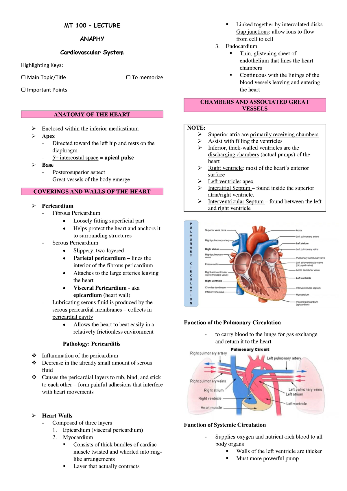 Cardiovascular System - Notes - MT 100 – LECTURE ANAPHY Cardiovascular ...