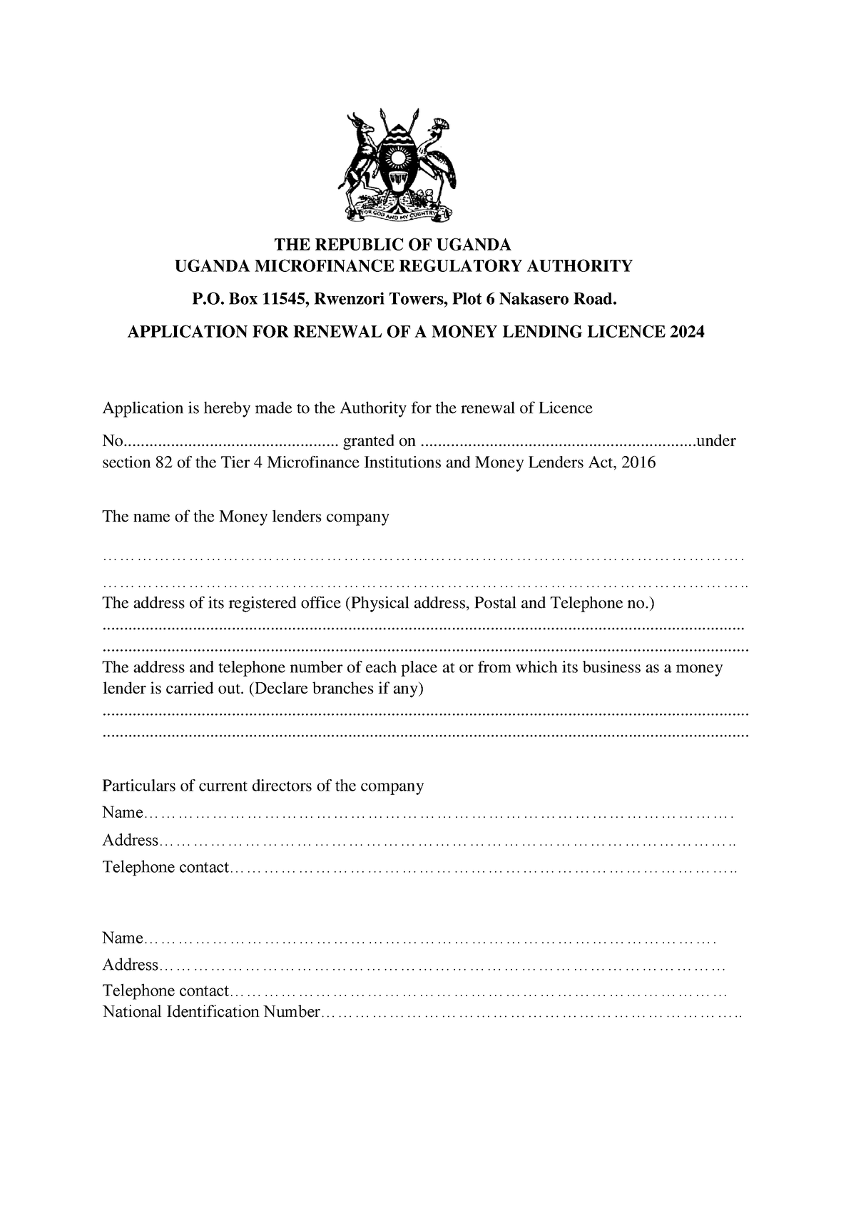 Money Lenders Renewal Application FORM 2023 - THE REPUBLIC OF UGANDA ...