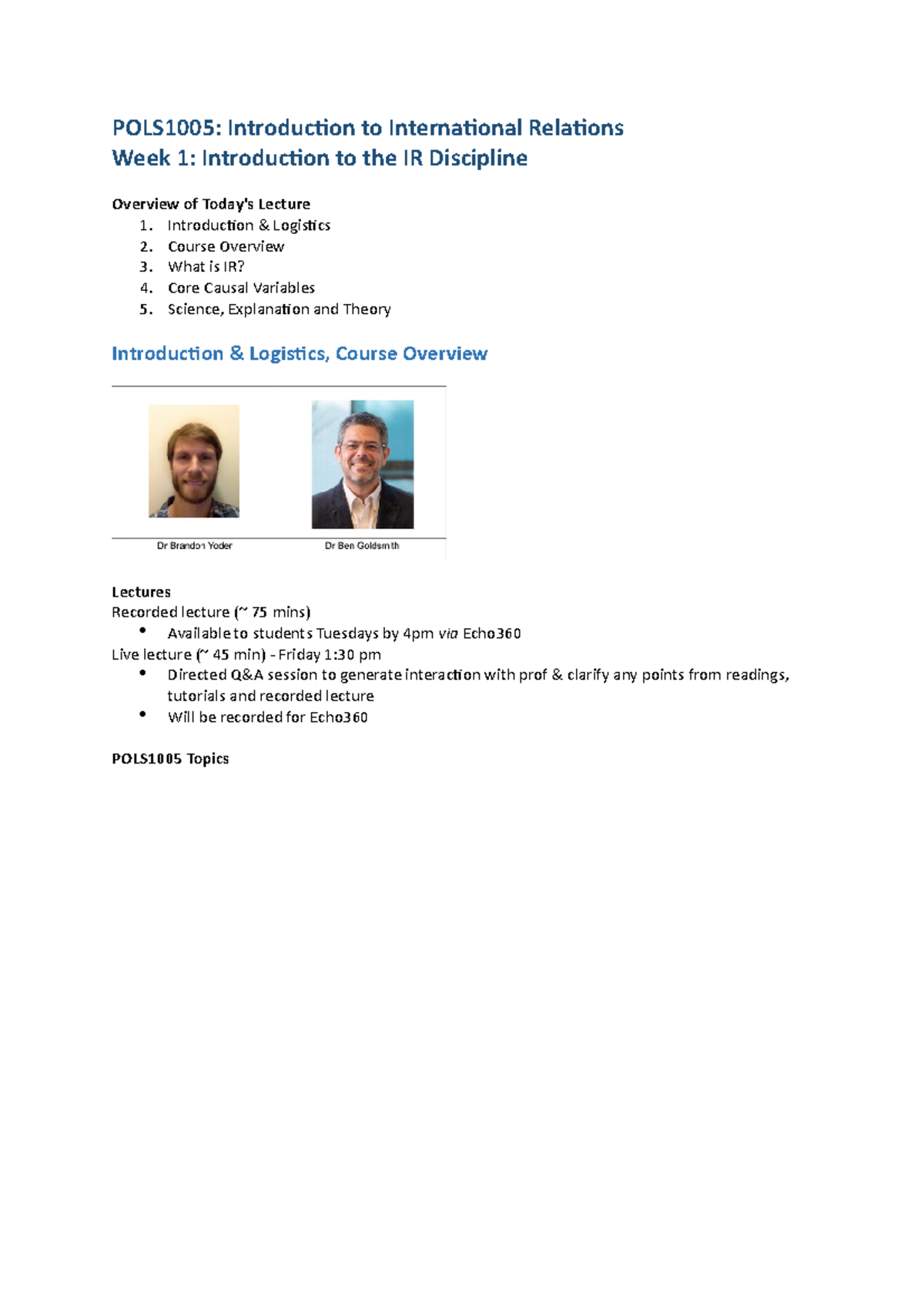 POLS1005 week 1 - 6 - Lecture notes 1 - 6 - POLS1005: Introduction to ...