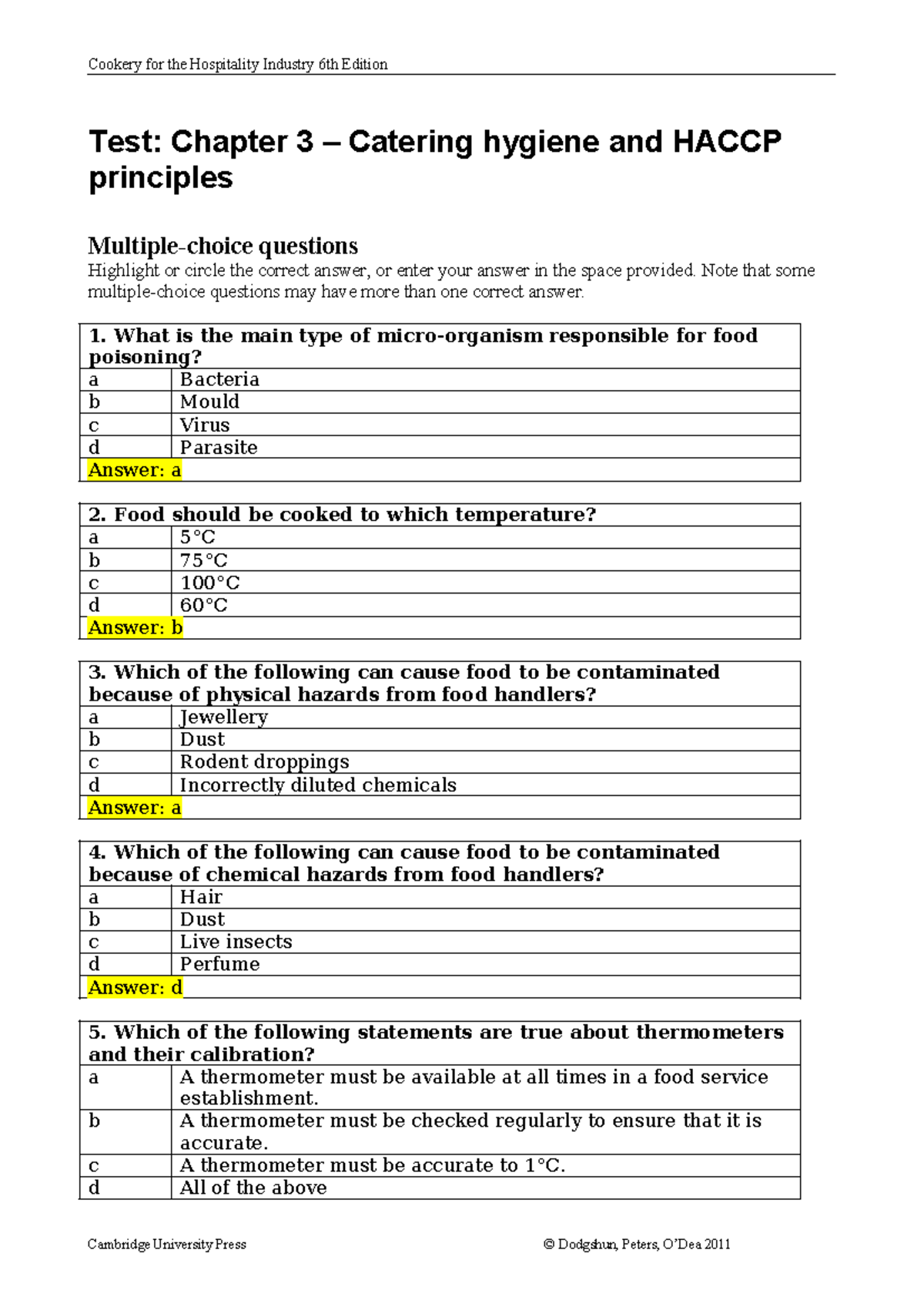 Test ans03 Test Chapter 3 Catering hygiene and HACCP principles Multiplechoice questions