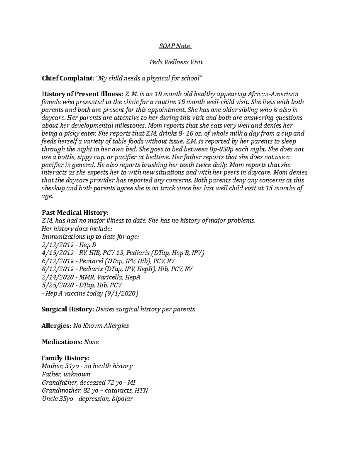 pediatric well visit soap note example