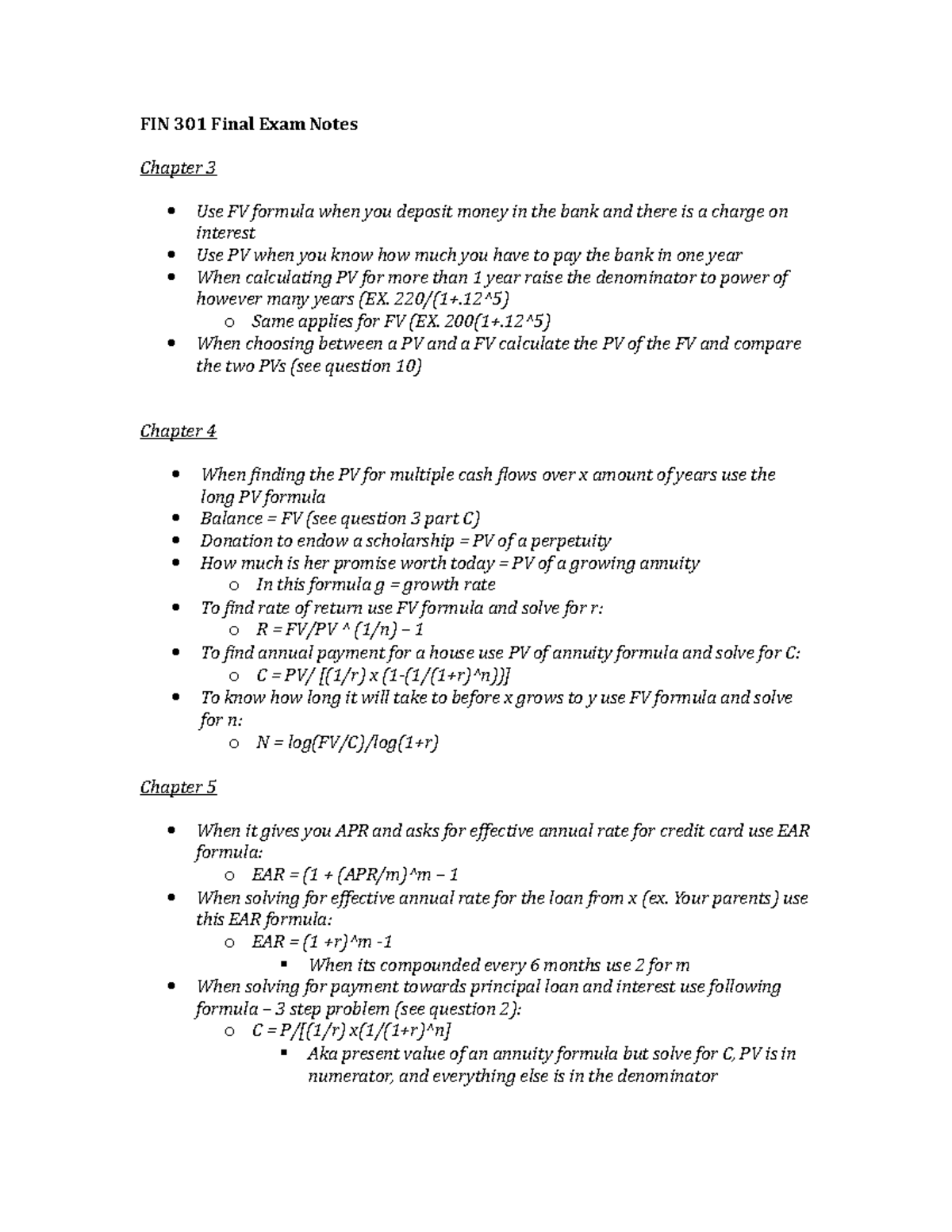 FIN 301 Final Exam Notes - FIN 301 Final Exam Notes Chapter 3 Use FV ...