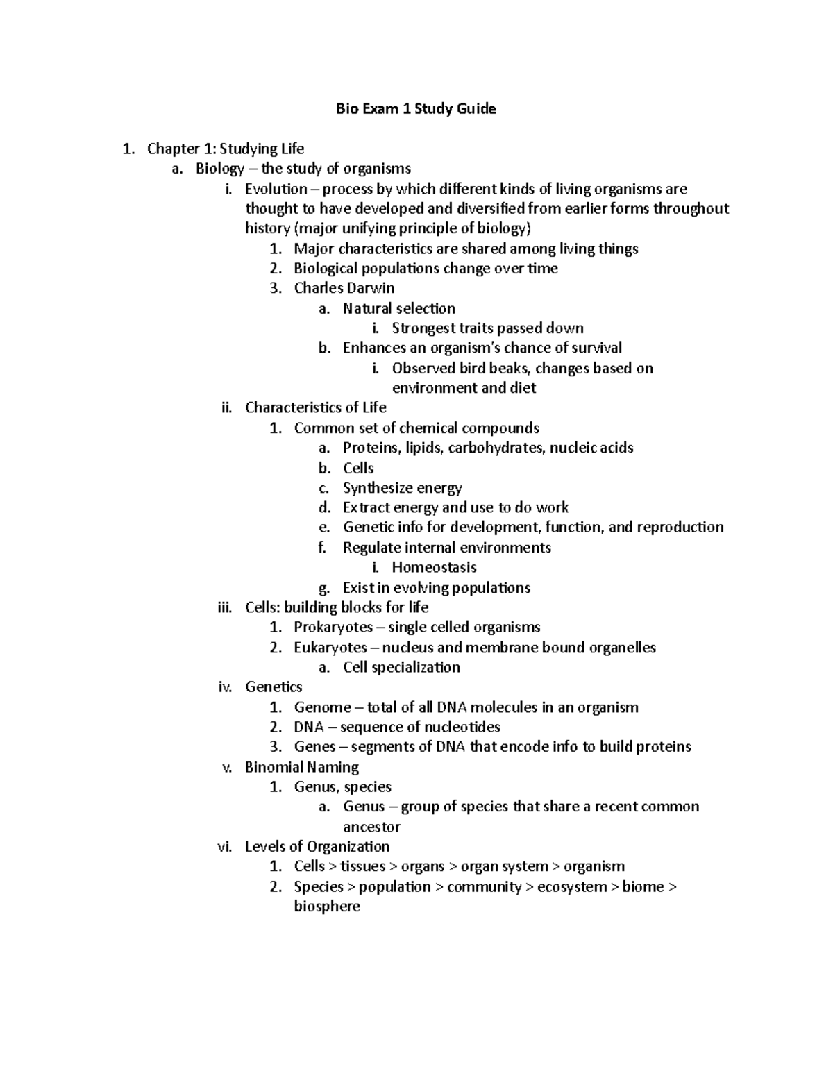 Bio Exam 1 Study Guide - Bio Exam 1 Study Guide 1. Chapter 1: Studying ...