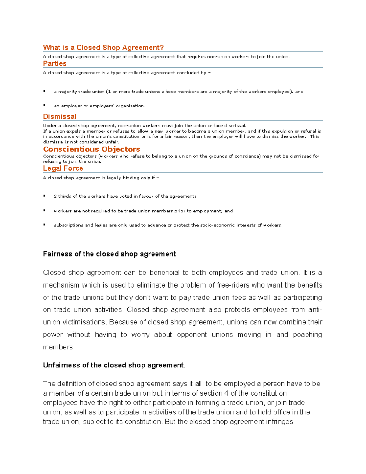 What is a Closed Shop Agreement Parties A closed shop agreement is a