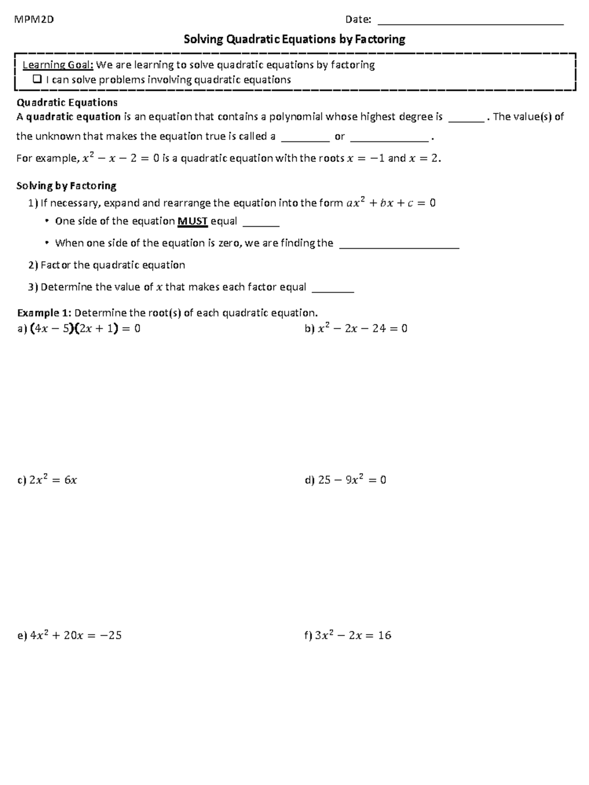 Unit 3B Lesson 3 - Solving Quadratic Equations By Factoring MPM2D Date ...