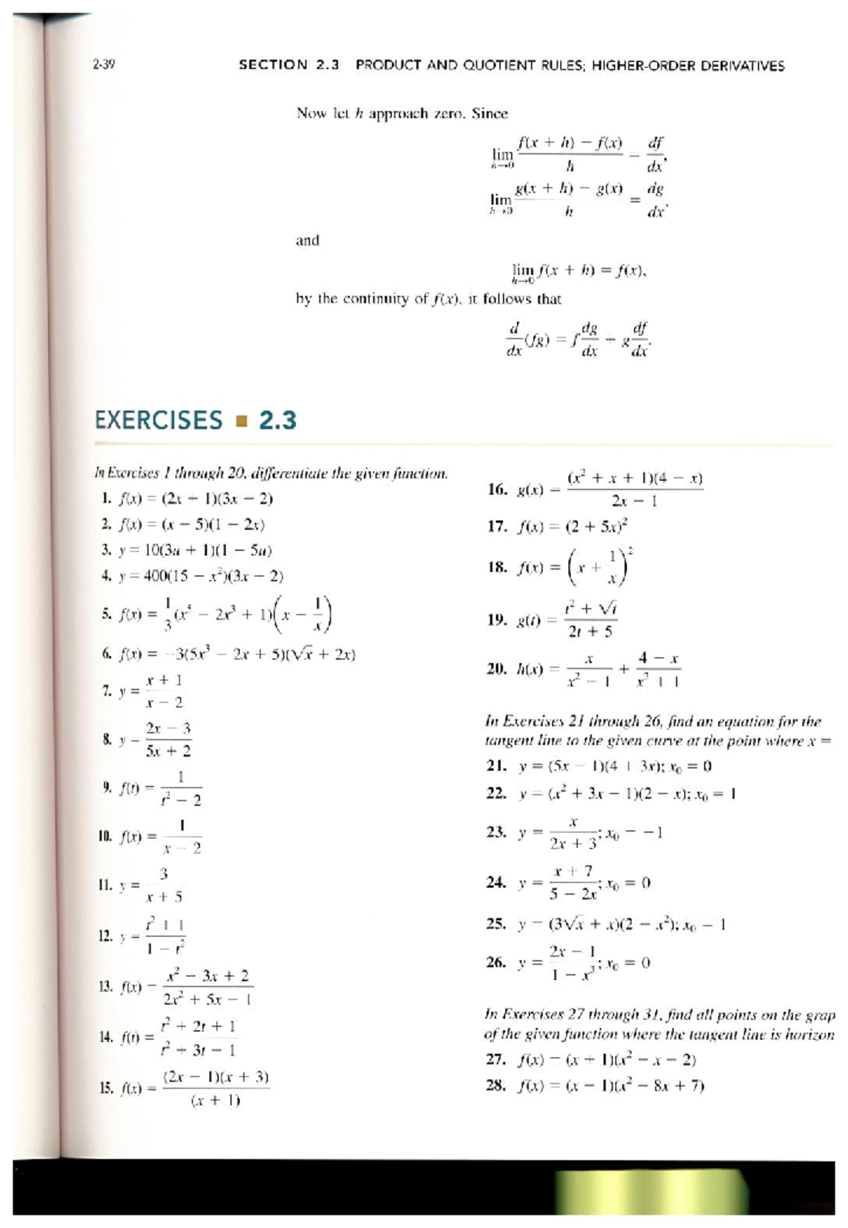 Section 2 3 Product And Quotient Rules And Higher Order Derivatives Answers