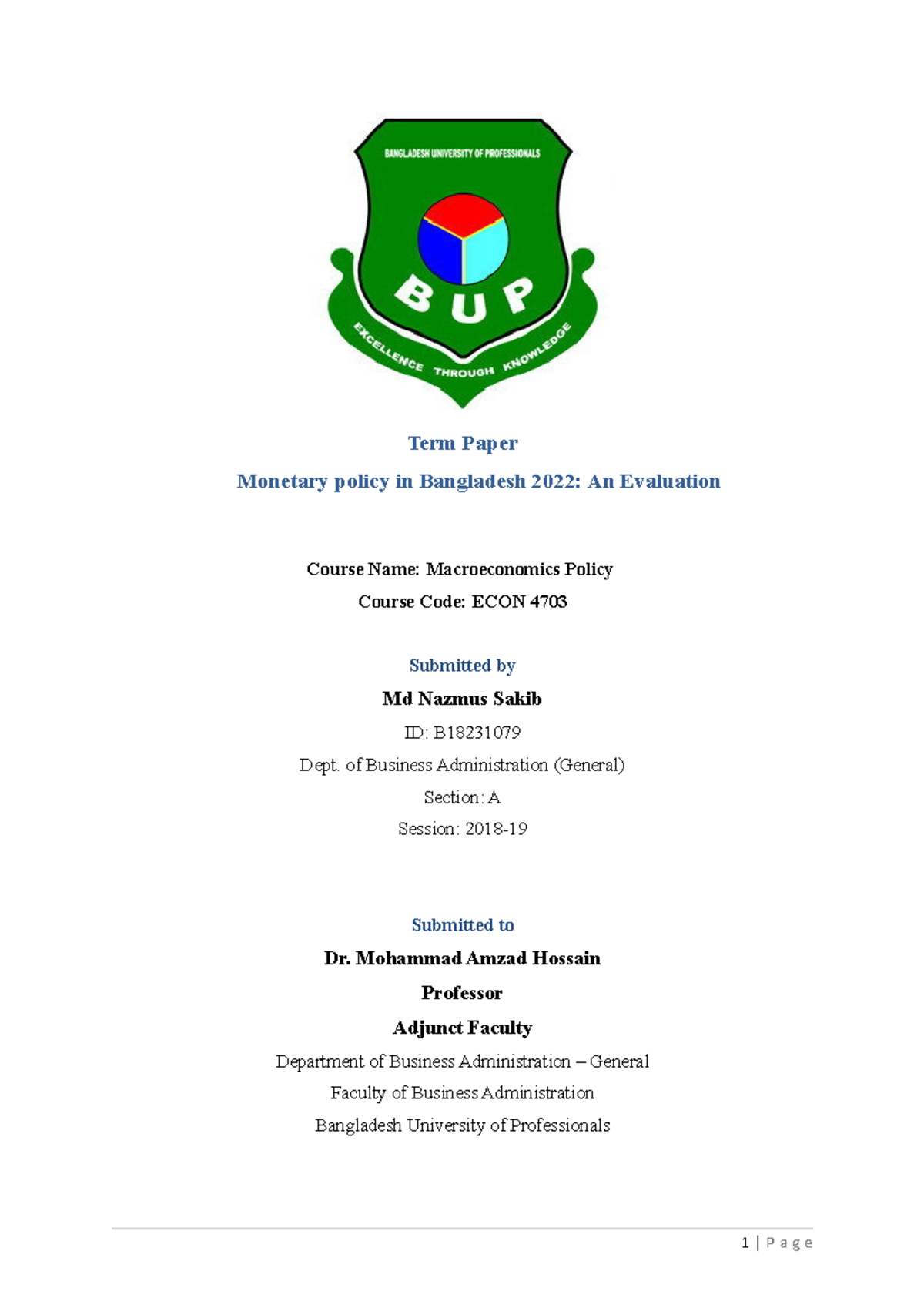 MP term paper - Term Paper Monetary policy in Bangladesh 2022: An ...