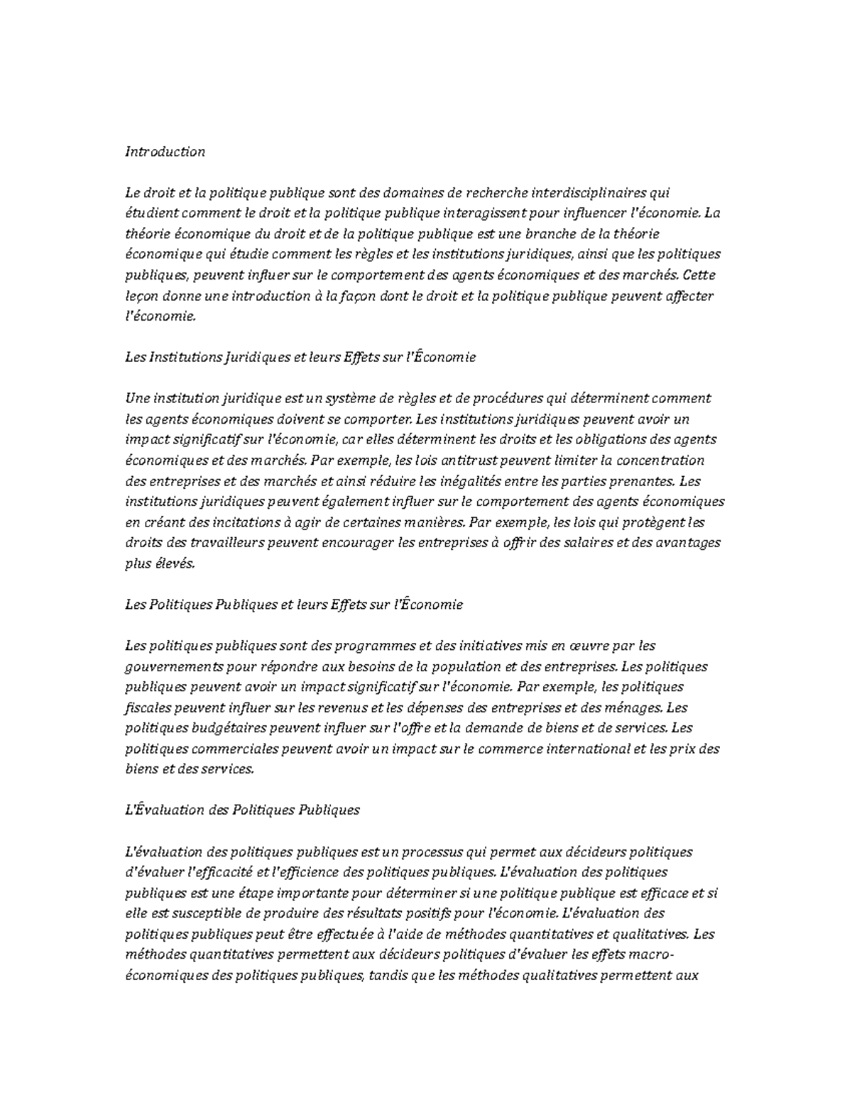 Economics of Law and Public Policy note study - Introduction Le droit ...