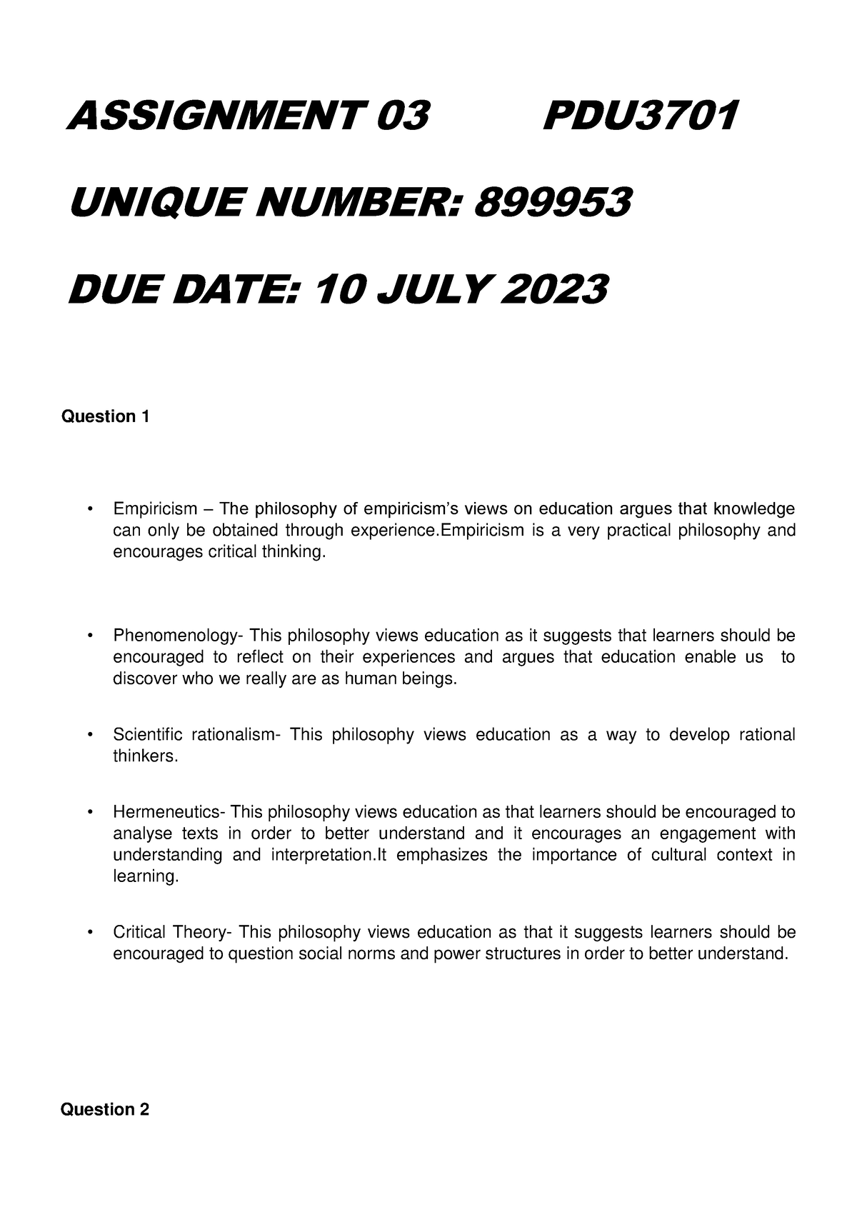 PDU3701 Assignment 03 - ASSIGNMENT 03 PDU UNIQUE NUMBER: 899953 DUE ...