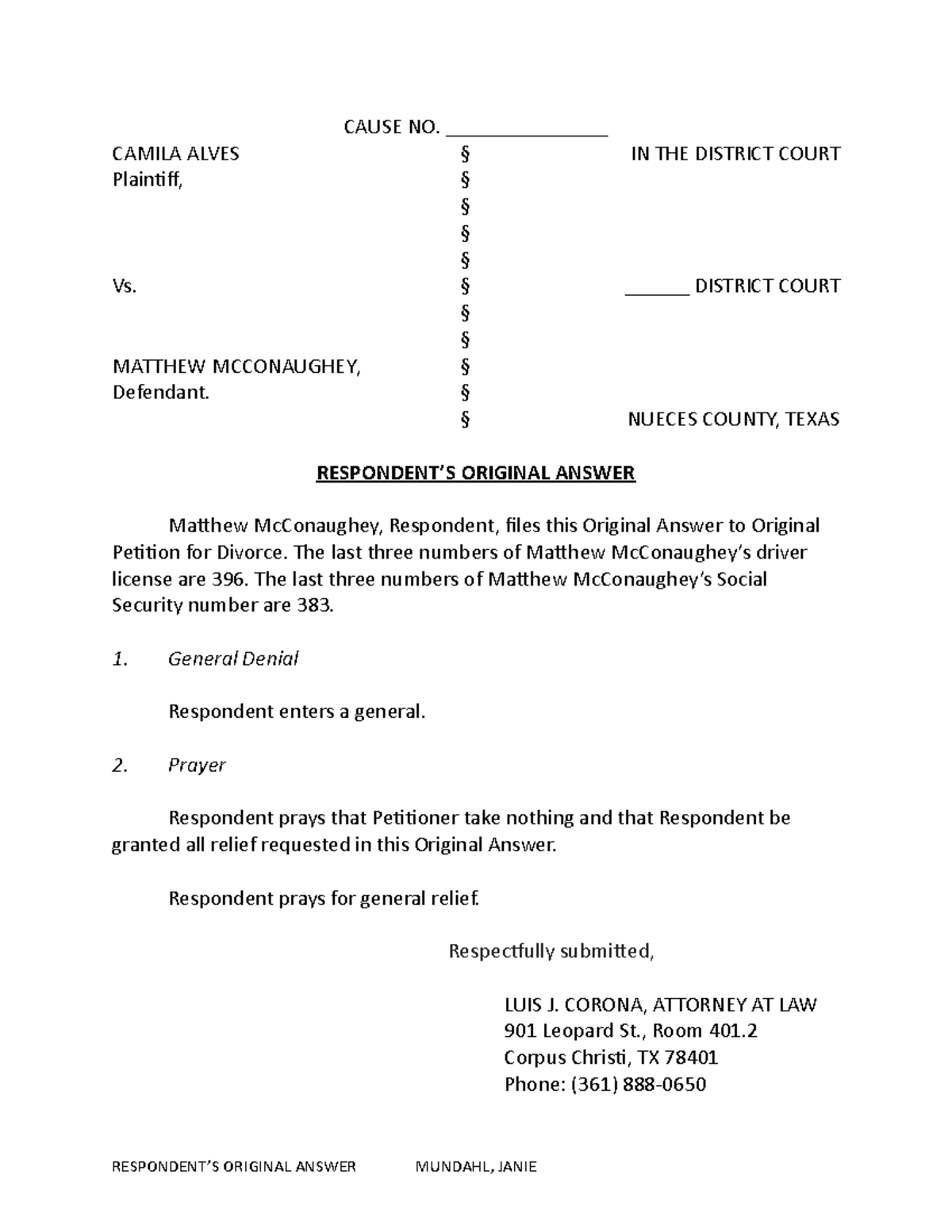 Responddent'S Original Answer CAUSE NO. _______________ CAMILA ALVES