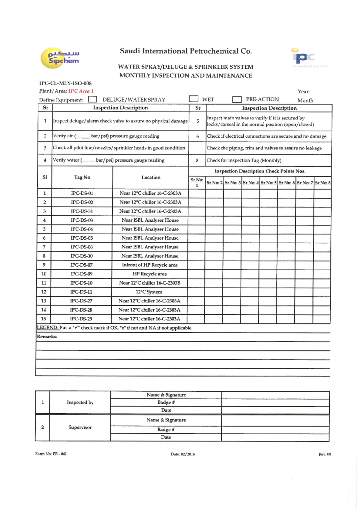 Deluge Valve Check LIST Saudi International Petrochemical Co. U WATER SPRINKLER SYSTEM MONTHLY