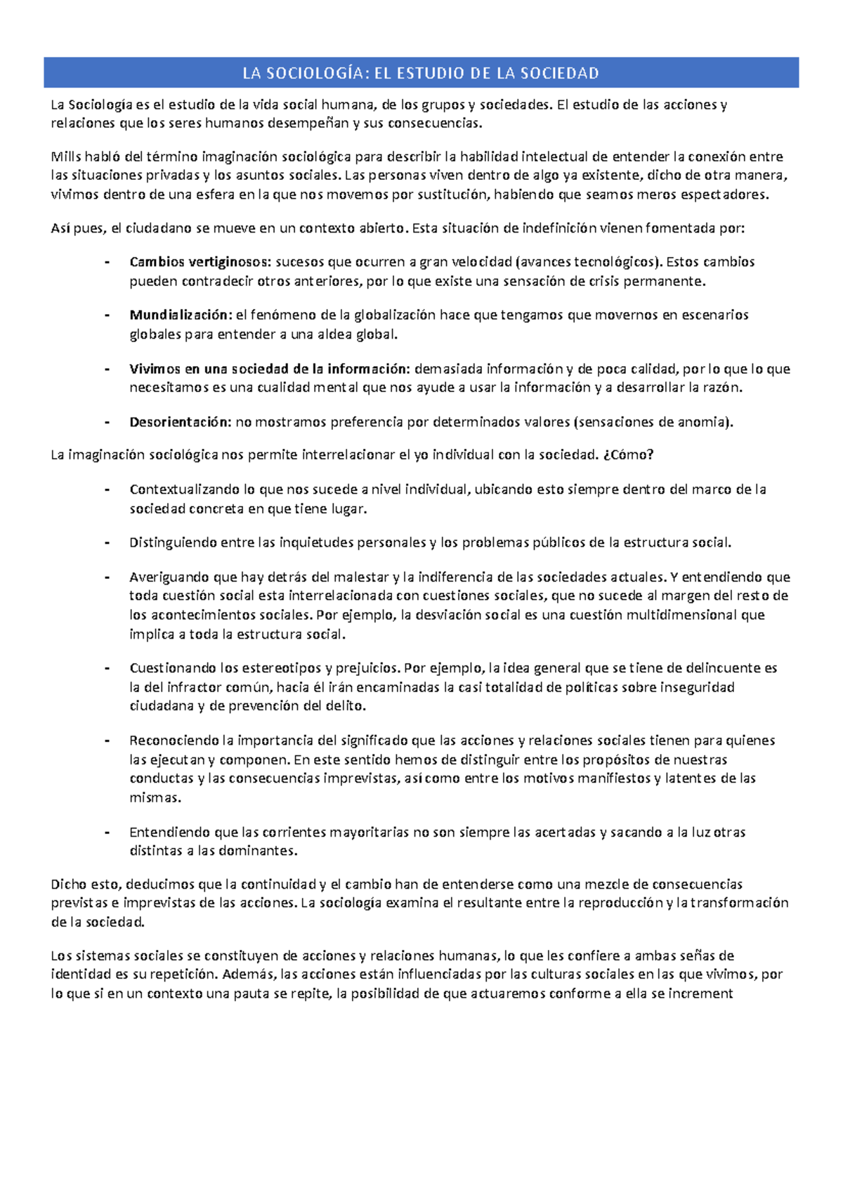 Apuntes sociologia - LA SOCIOLOGÍA: EL ESTUDIO DE LA SOCIEDAD La ...