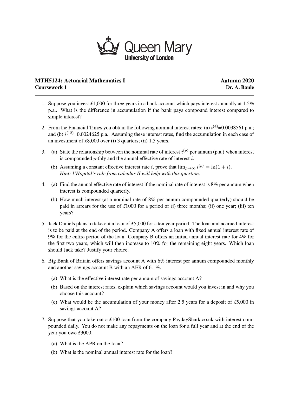 Actuarial Mathematics I - Coursework 1 - MTH5124: Actuarial Mathematics ...