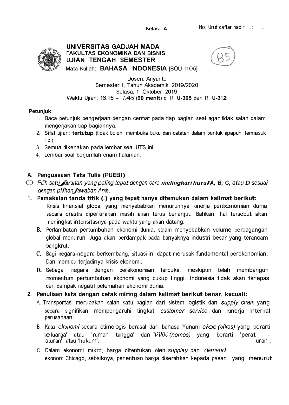 Soal UTS Bahasa Indonesia - Ariyanto 2019 Uts Sem 1 - Kelas: A No. Urut ...