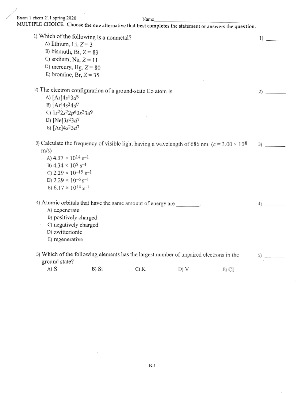 Chem 211 Spring 2020 Exam 1 - Alliston - CHEM 211 - Studocu