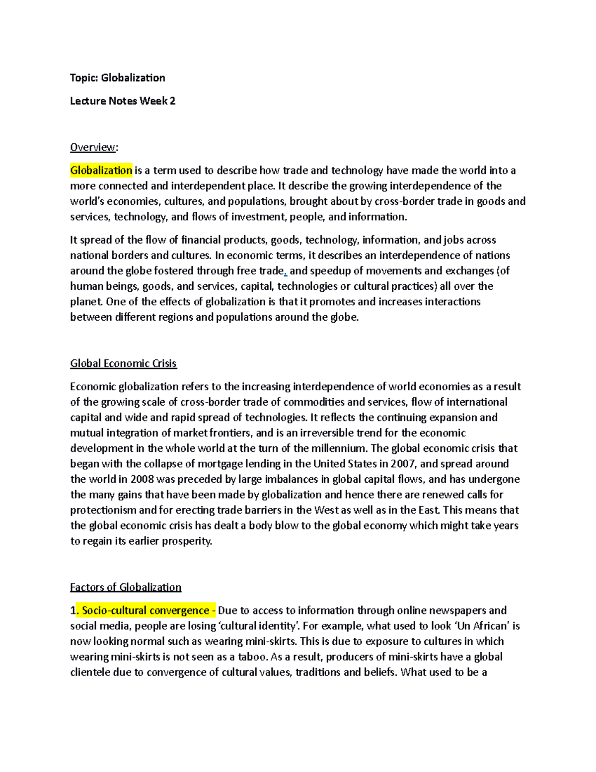 Globalization - Topic: Globalization Lecture Notes Week 2 Overview ...