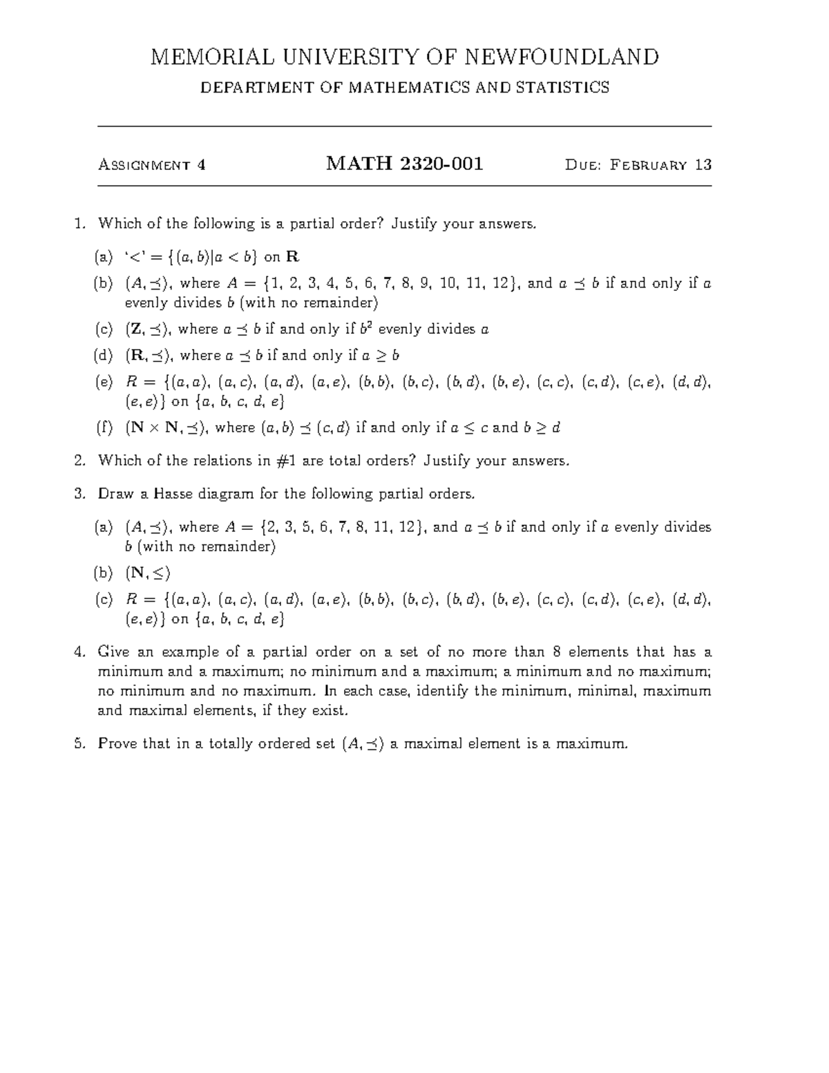 Ass4 - MEMORIAL UNIVERSITY OF NEWFOUNDLAND DEPARTMENT OF MATHEMATICS ...