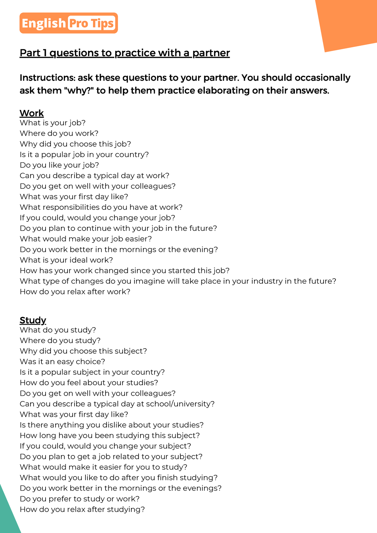 Part 1 Practice Questions - Part 1 Questions To Practice With A Partner ...