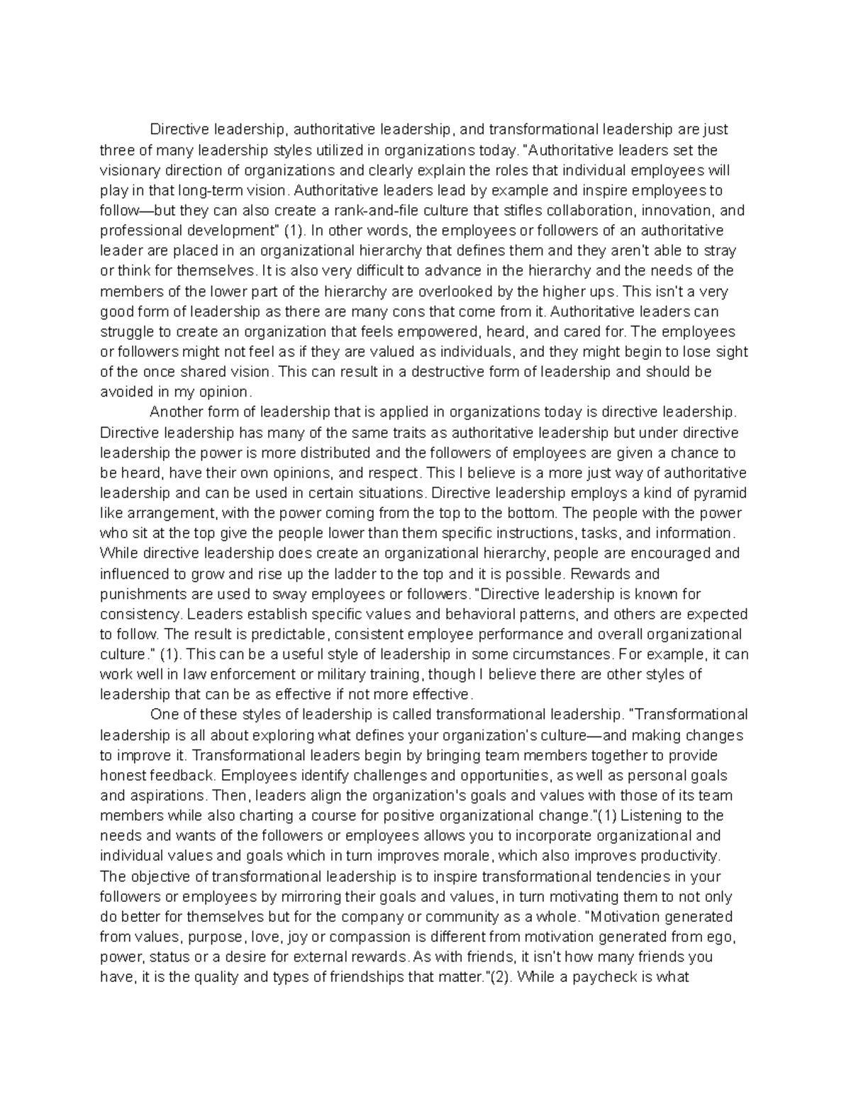 Leadership - Directive leadership, authoritative leadership, and ...