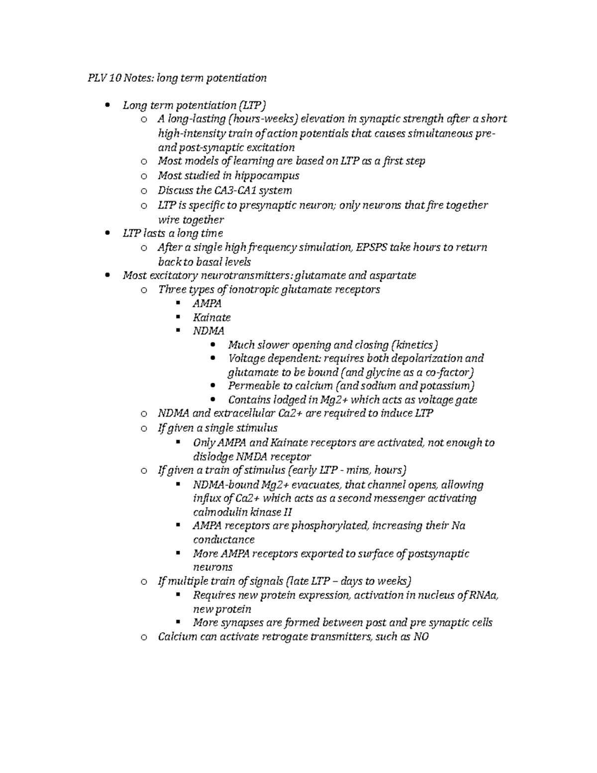 Pre-Lecture Video 10 Notes - PLV 10 Notes: long term potentiation Long ...