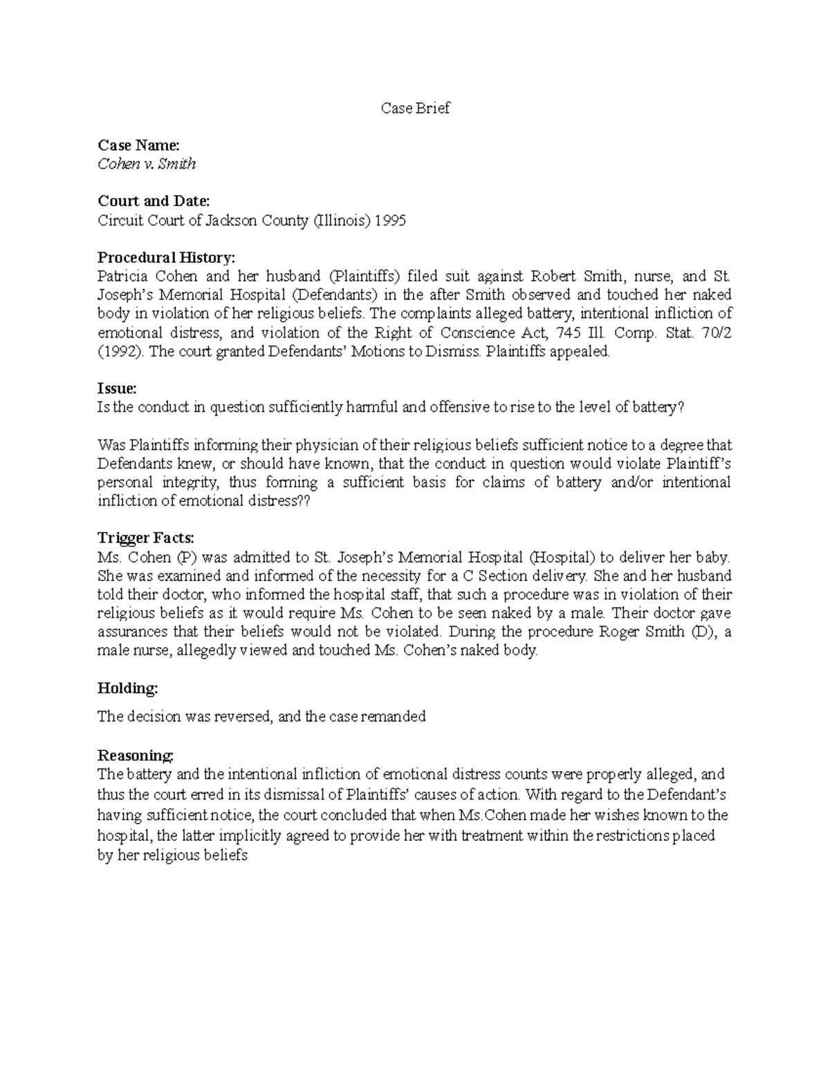 Cohen v. Smith Casebrief for Torts Case Brief Case Name Cohen v