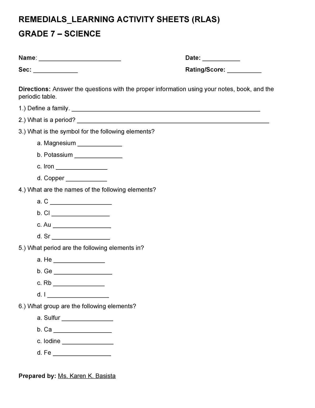 RLAS Periodic Table Activity 2 - REMEDIALS_LEARNING ACTIVITY SHEETS ...