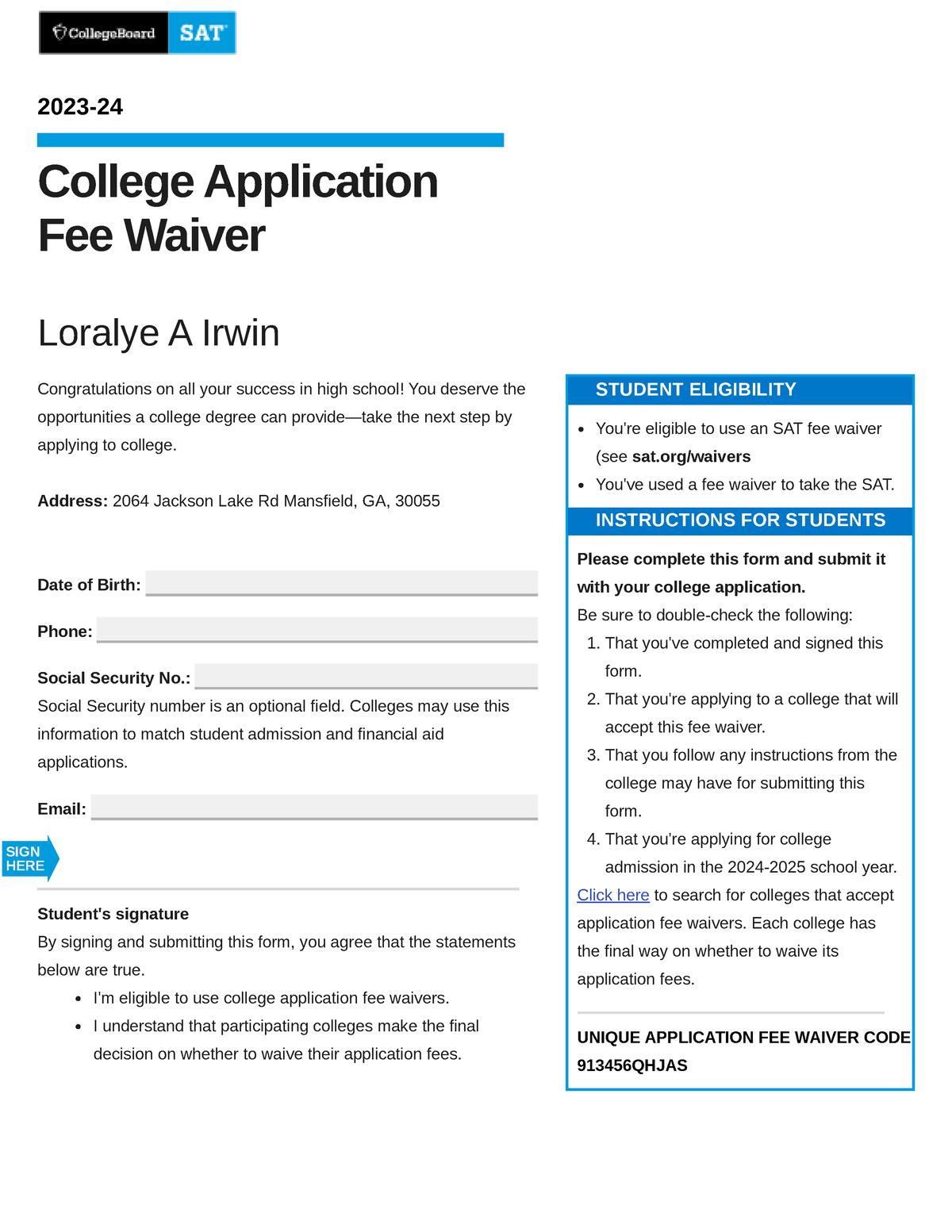 Application fee waiver My SAT Home Page 2025 College Application Fee