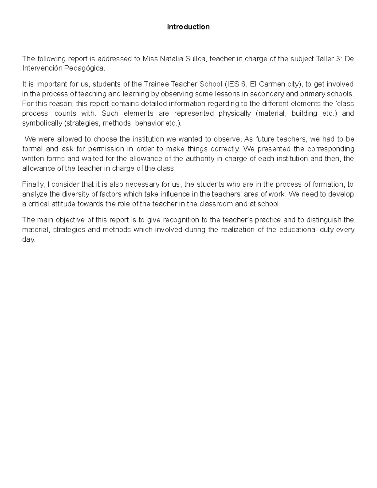 Report - Teaching Class Observations - Introduction The following ...