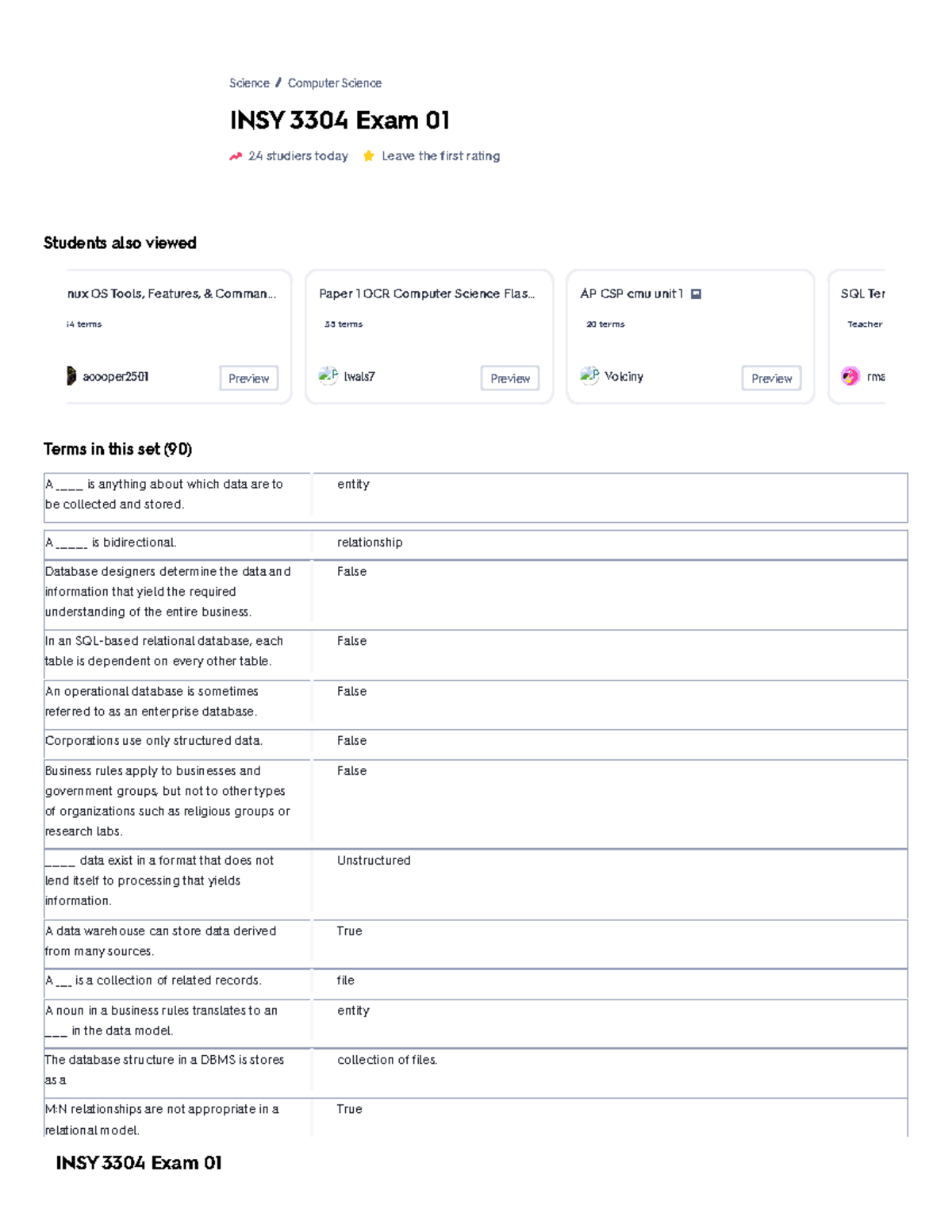 INSY 3304 Exam 01 Flashcards Quizlet - INSY 3304 Exam 01 24 Studiers ...