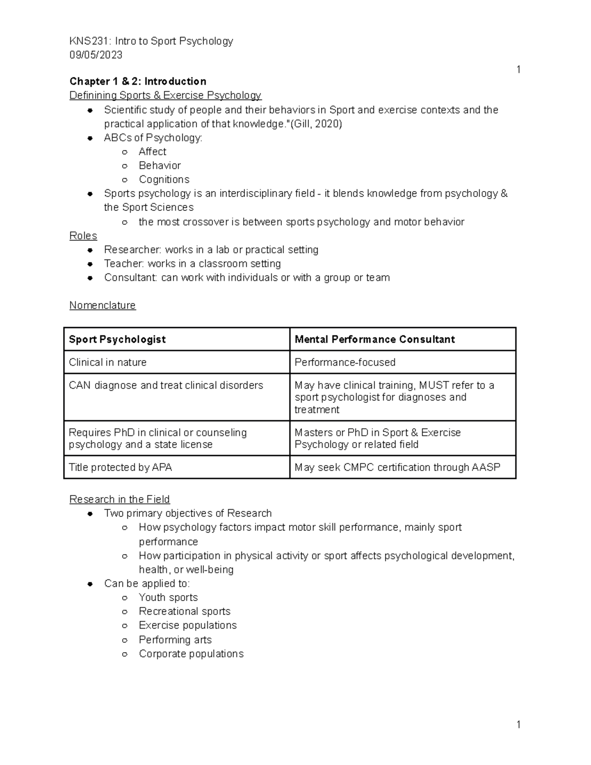 KNS231 090523 - Notes - KNS231: Intro to Sport Psychology 09/05/ 1 ...