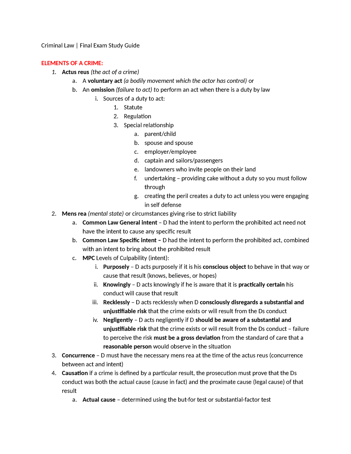 Criminal Law Final Exam Notes - Criminal Law | Final Exam Study Guide ...