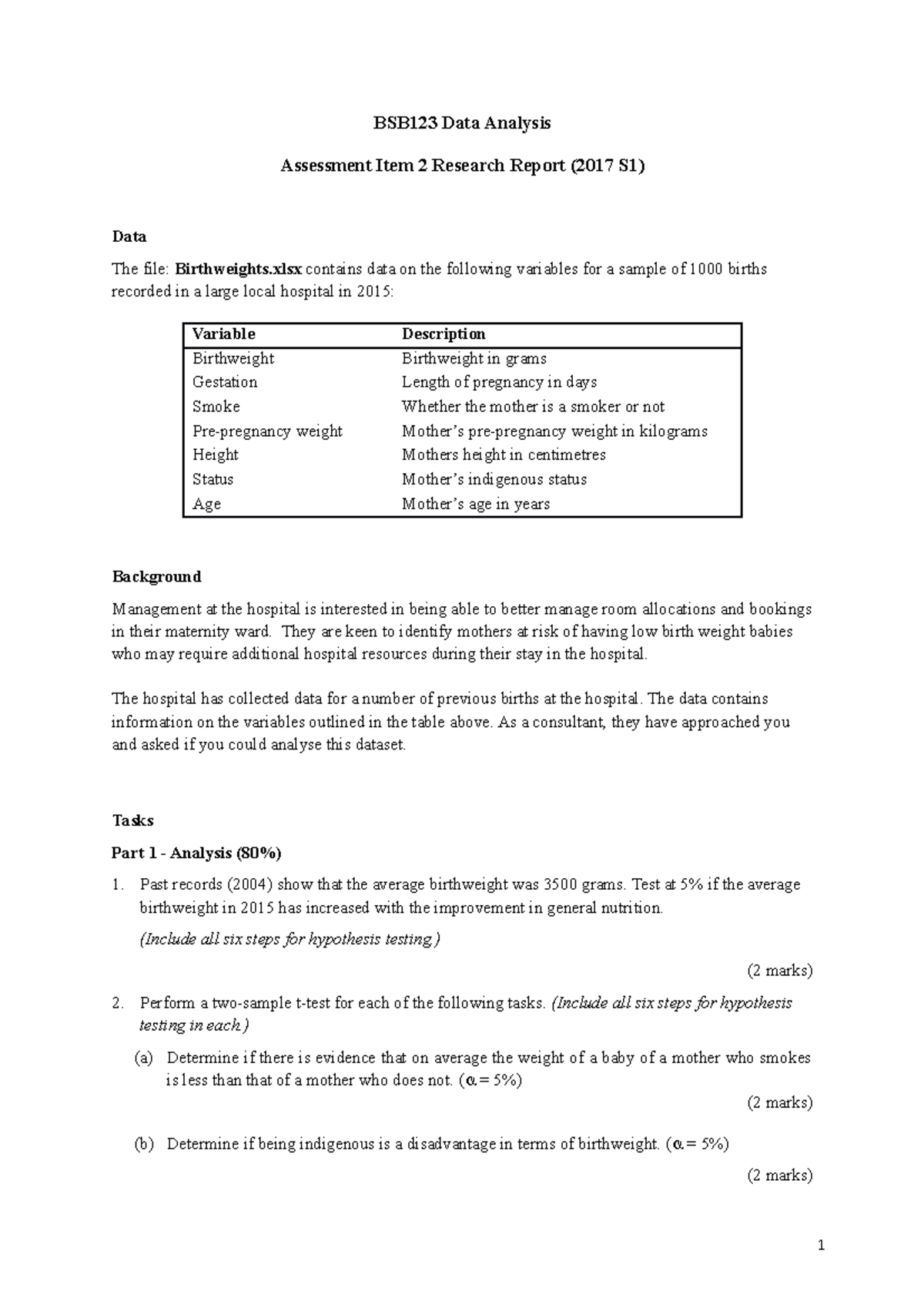 BSB123 Research Report Task Sheet (2017 S1) (v3) - BSB123 Data Analysis ...