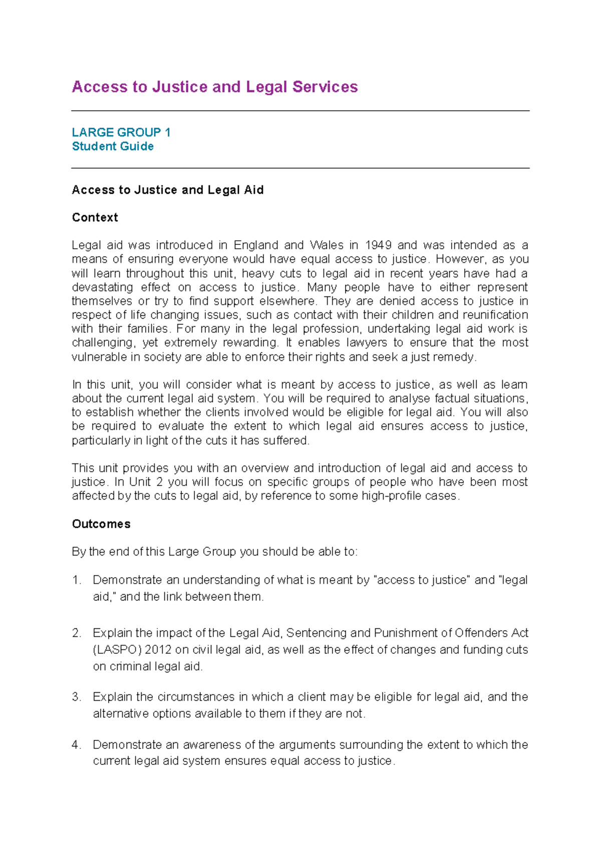 Unit 1- Student Guide - notes of lecture - Access to Justice and Legal ...
