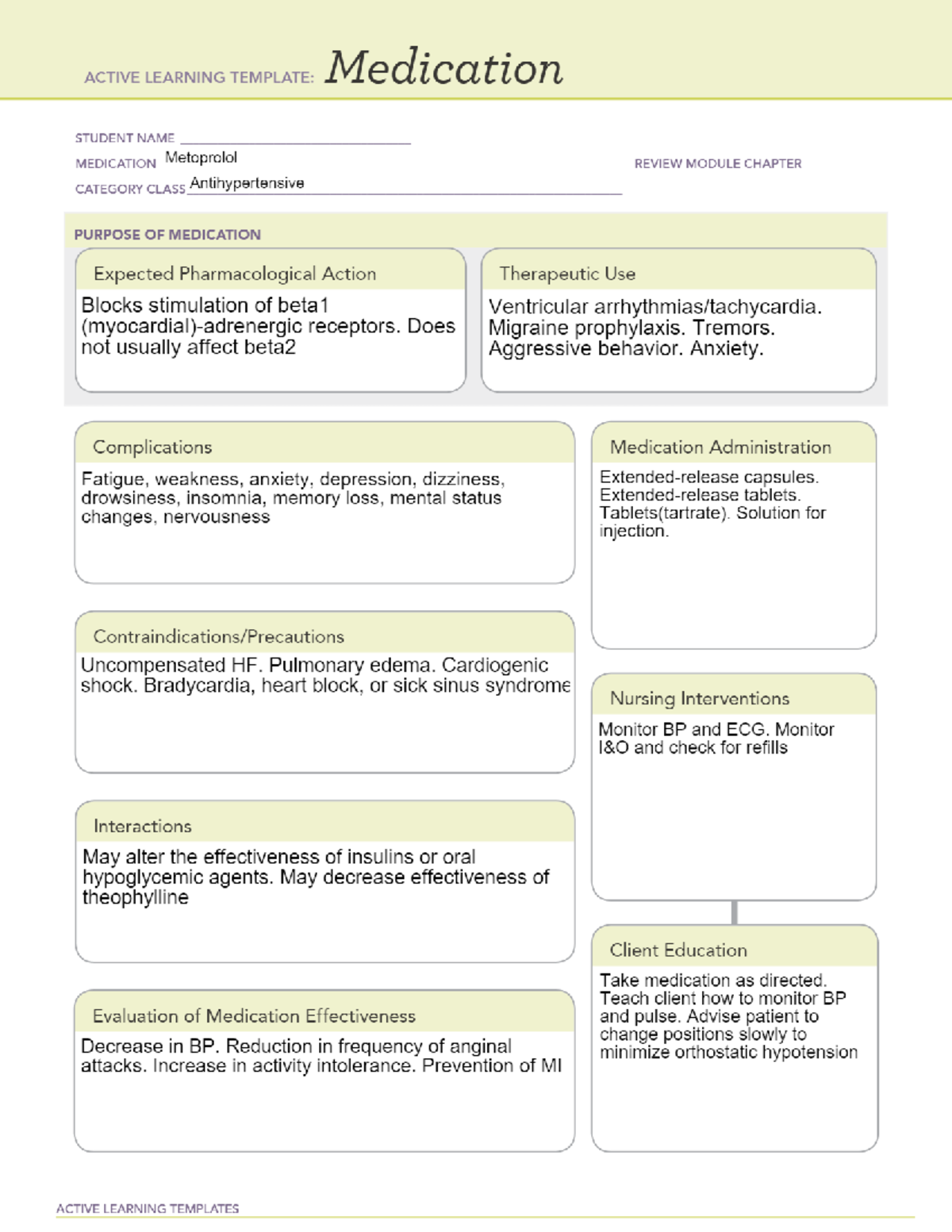 Metoprolol - Drug information - NURSE 154 - Studocu